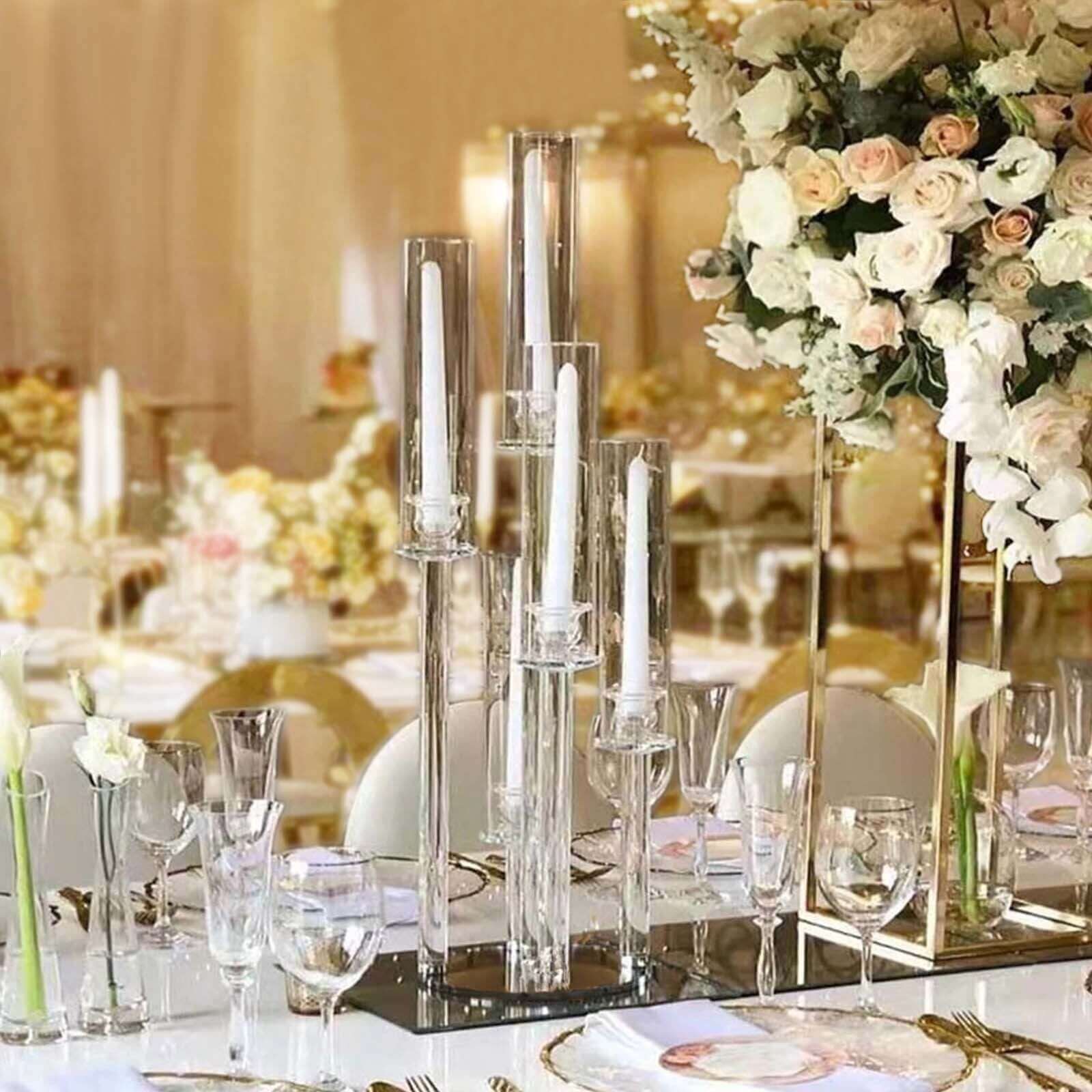 5-Arm Round Crystal Glass Candelabra Clear Taper Design - Chic Candle Holder Table Centerpiece for Weddings & Events 32