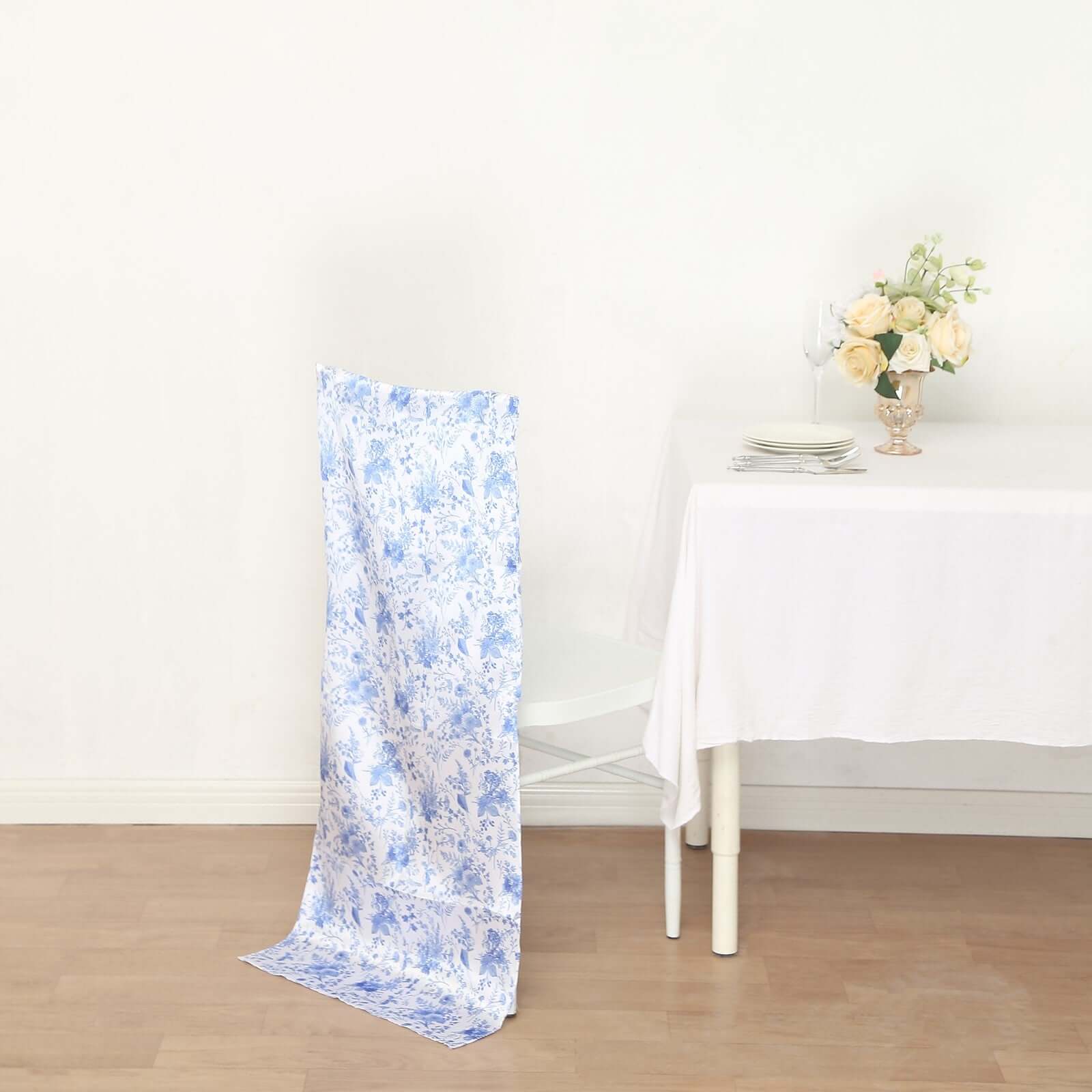 Satin Chair Slipcover French Toile Floral Print for Chiavari Chairs White/Blue - Stylish Wedding Chair Back Cover