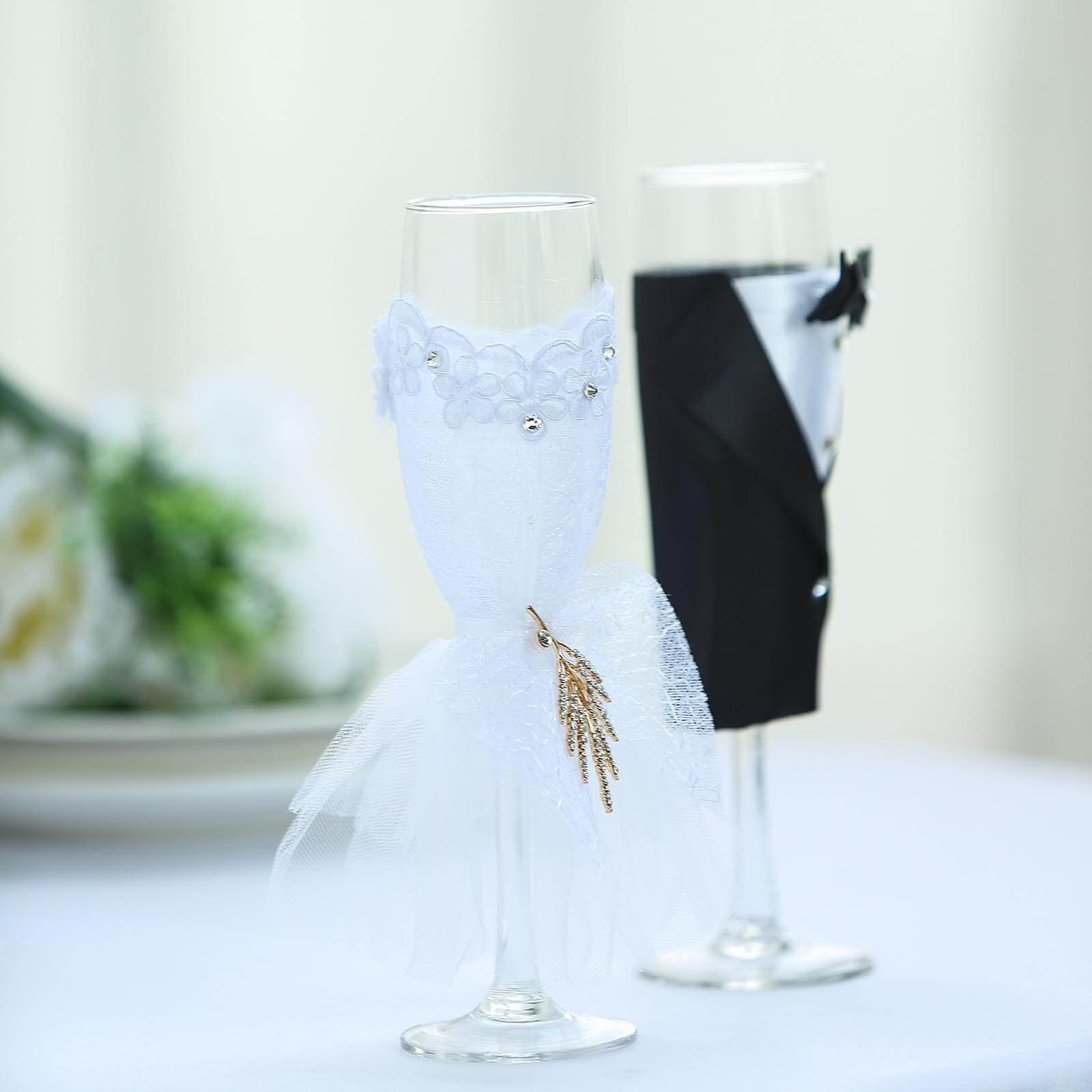 Set of 2 Clear Champagne Flutes with Black Bride and Groom Koozies - Wedding Toast Glasses 9