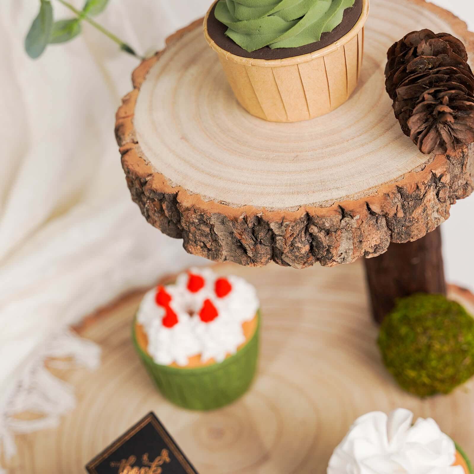 2-Tier Wooden Cheese Board Stand Elm Wood Slice Design Natural - Rustic Cupcake Centerpiece 8