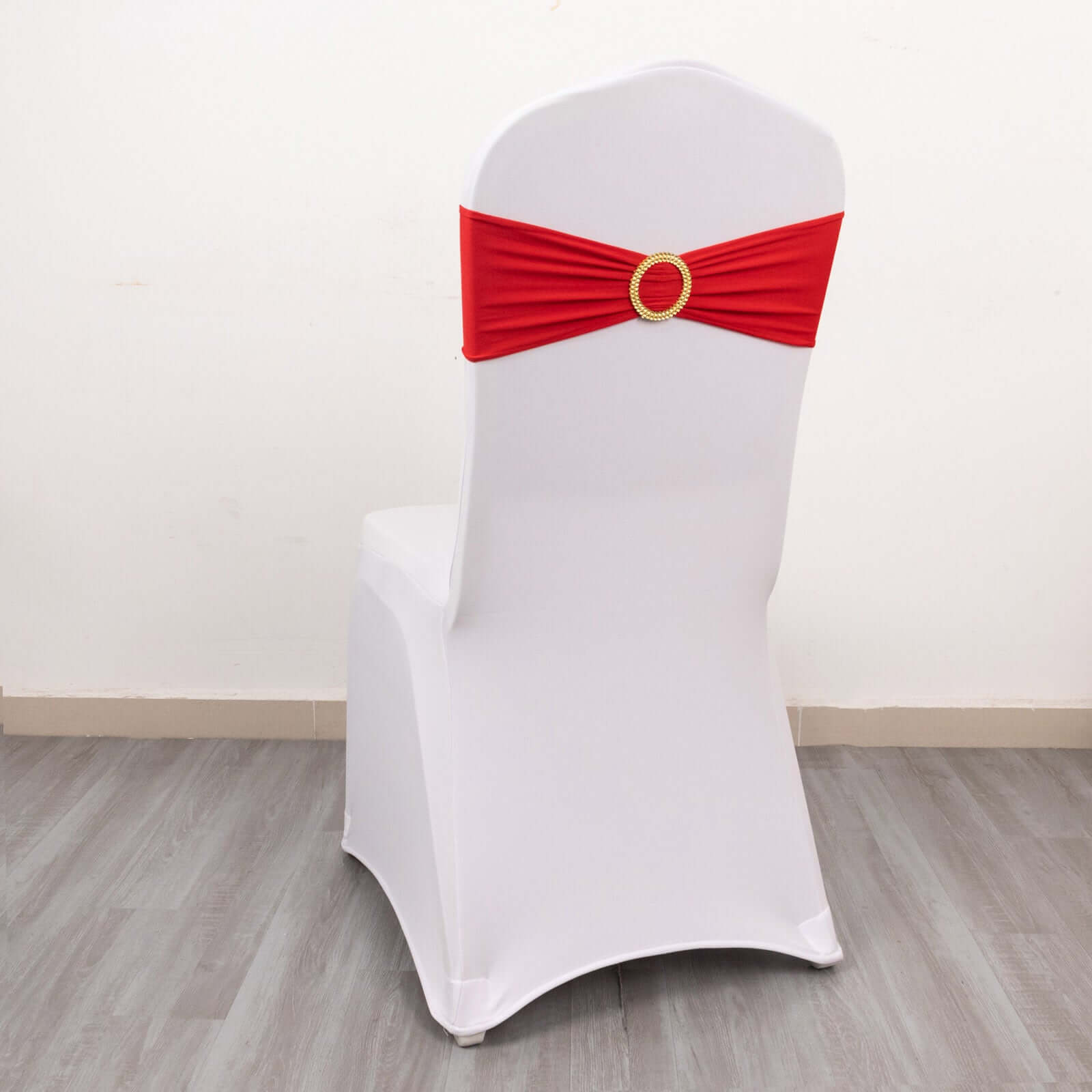 5 Pack Spandex Chair Sashes Red with Gold Rhinestone Buckles - Reusable Four-Way Stretch Sash Bands 5x14