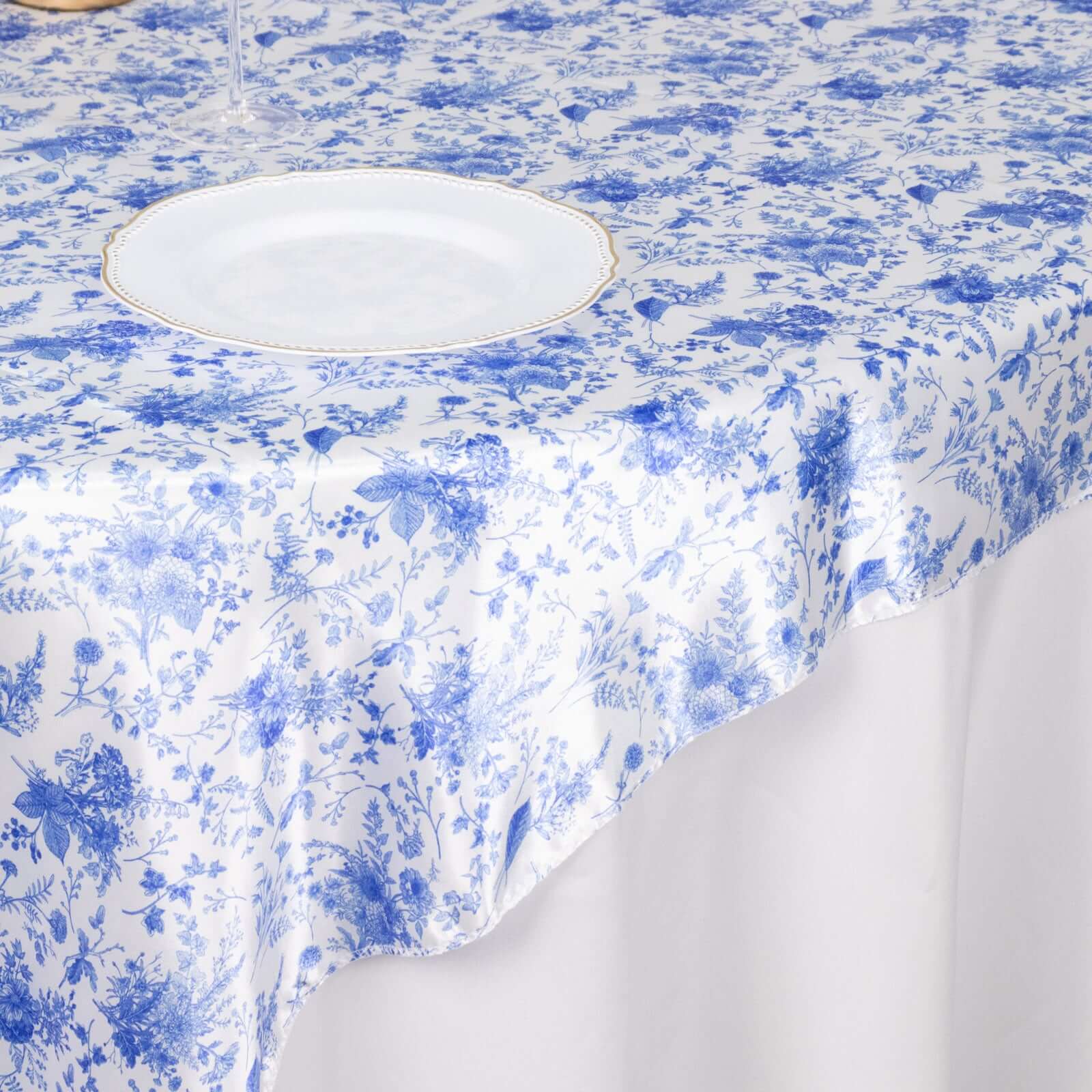 Satin 72x72 Table Overlay Square Tablecloth White Blue - French Toile Floral Design for Stylish Celebrations