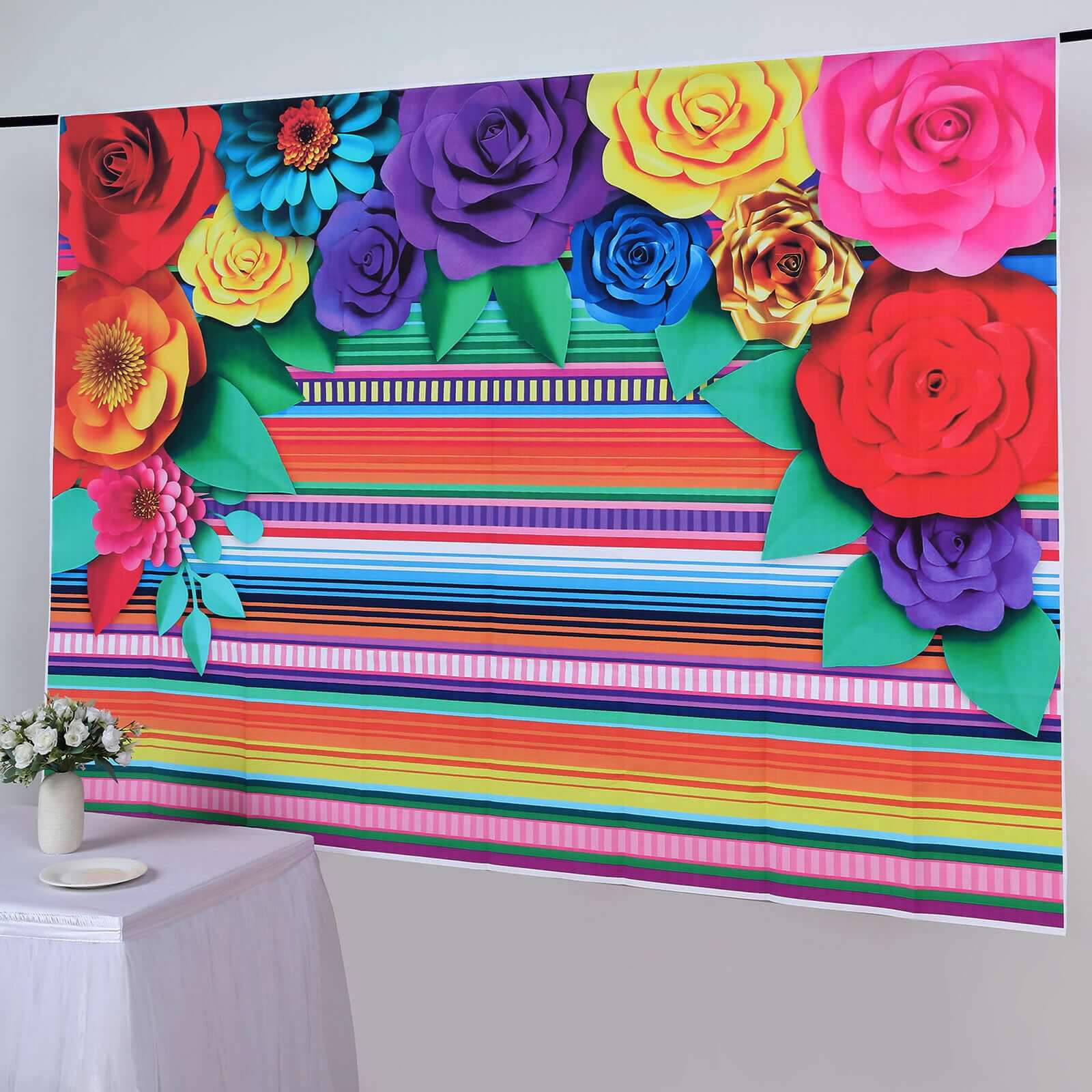 5ftx7ft Colorful Cinco De Mayo Fiesta Vinyl Photography Backdrop, Mexican Themed Multi-Color Striped Paper Flowers Photo Booth Background