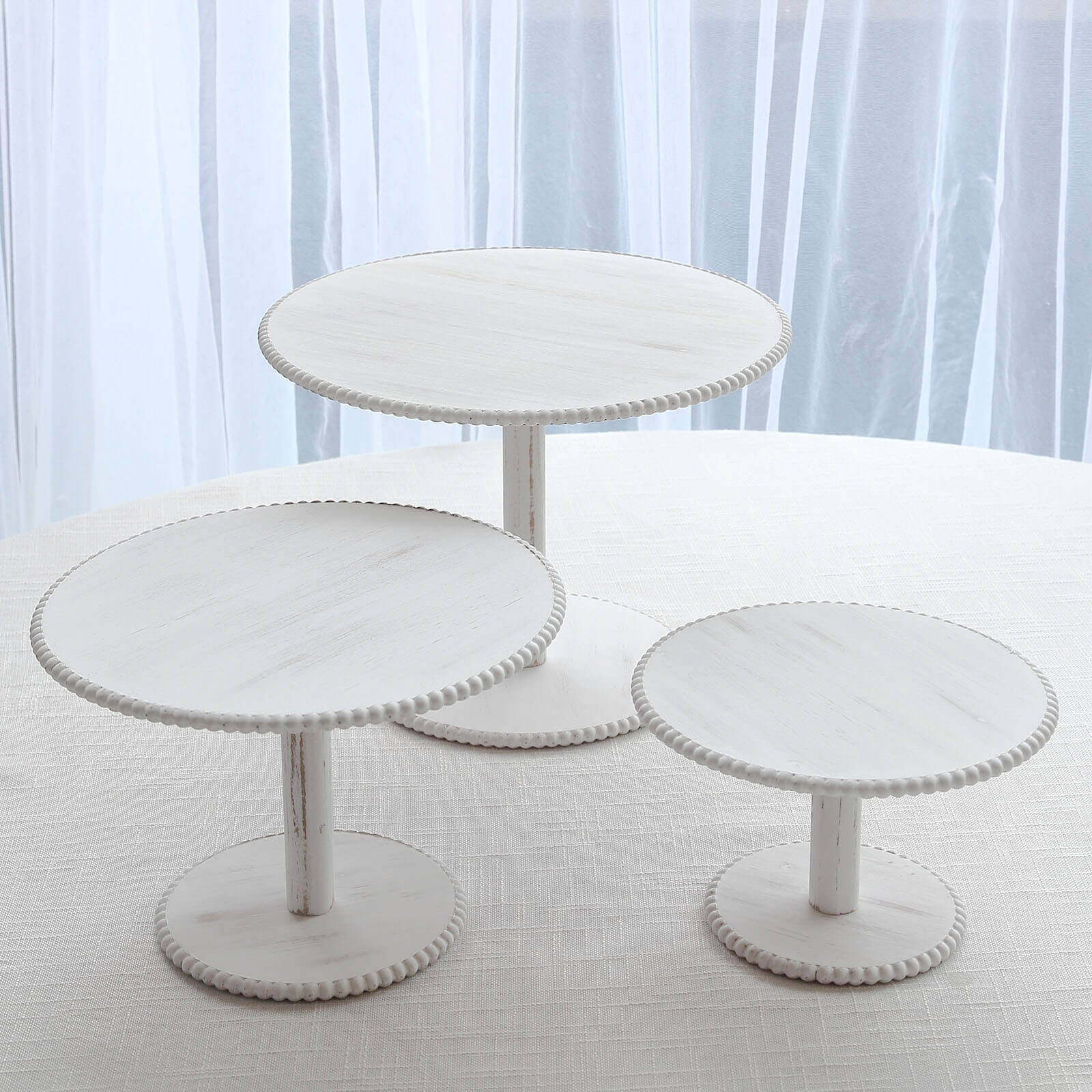 Set of 3 Wooden Pedestal Cake Stands Whitewash with Round Beaded Rim Trays - Stackable Rustic Cupcake Display 8, 10, 12