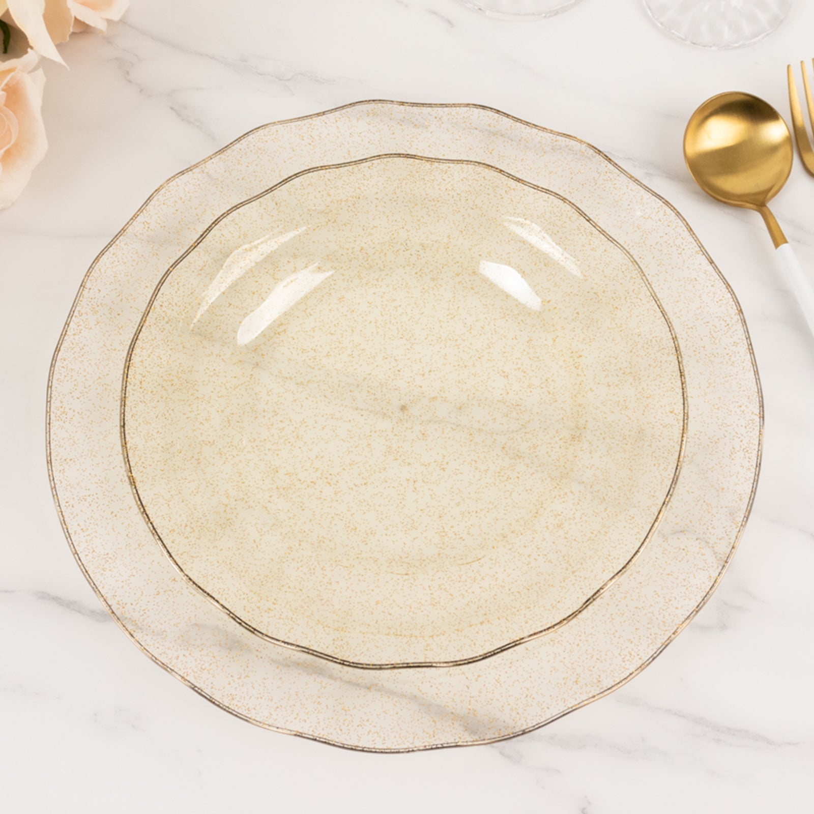 10-Pack Plastic 9 Round Dinner Plates in Gold Glitter with Ruffled Rim - Sturdy Disposable Dinnerware