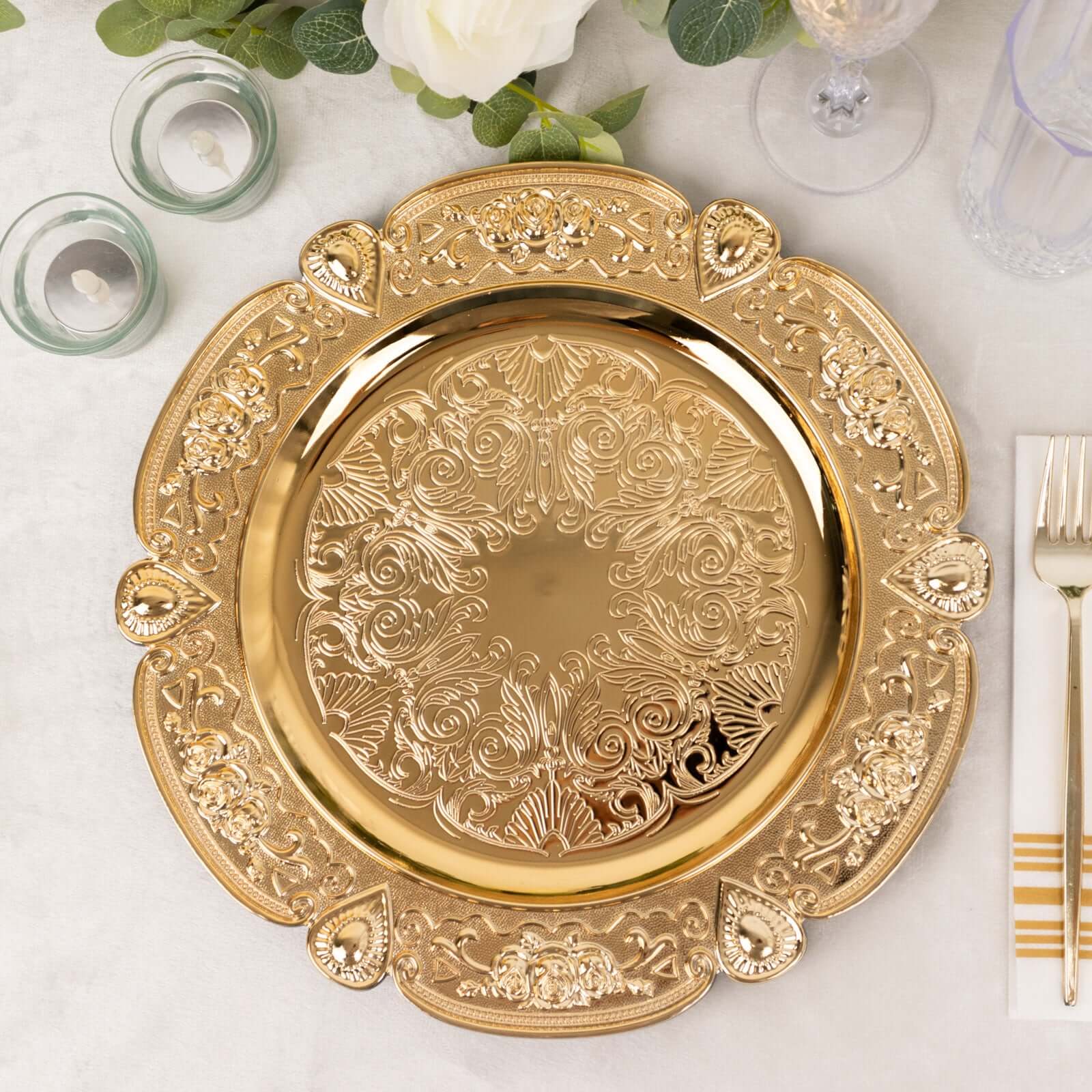 6-Pack Acrylic Round Charger Plates 13 in Gold Floral Embossed with Scalloped Rim, Plastic Decorative Charger Tableware