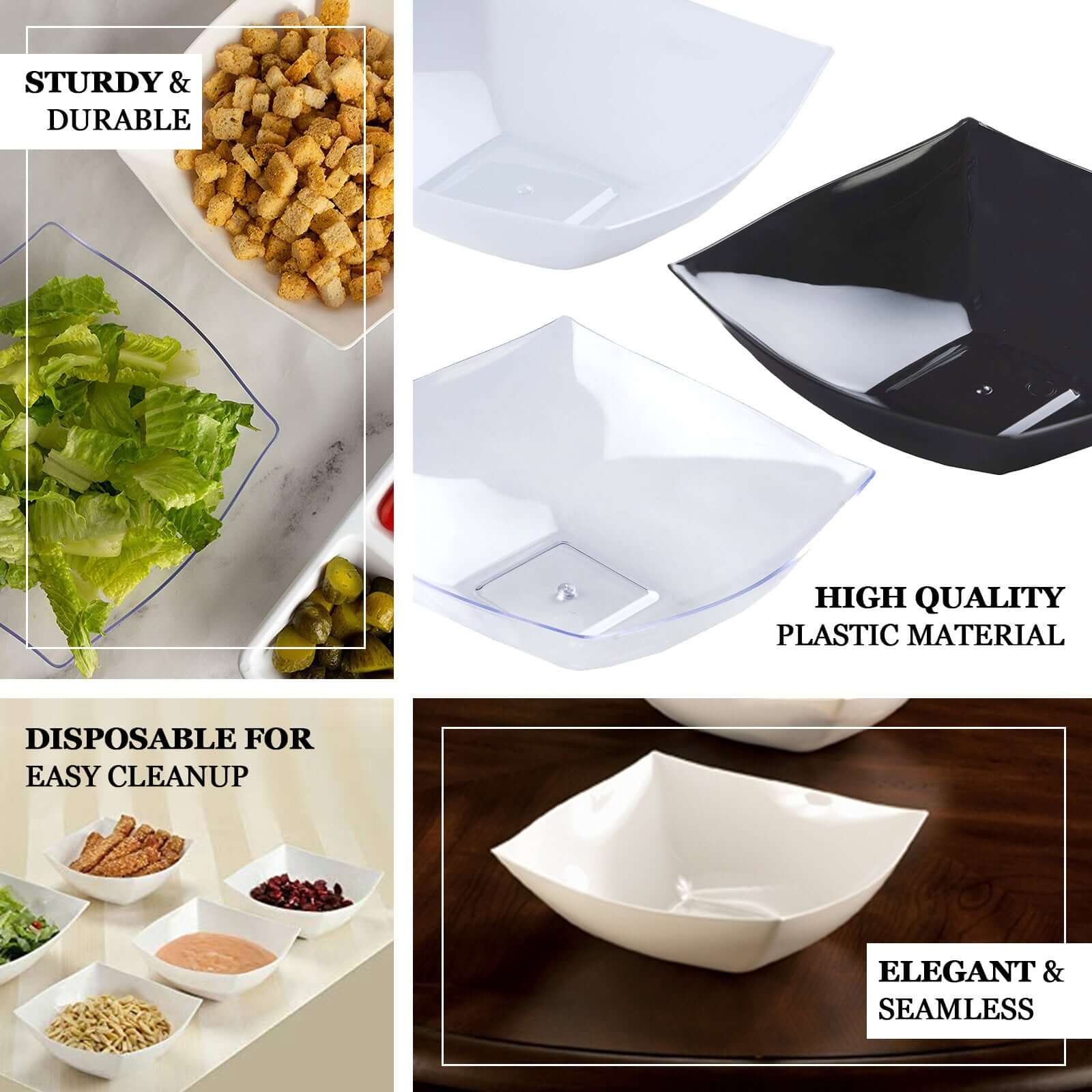 4-Pack Plastic Salad Bowls Large Square White - Durable Disposable Serving Dishes for Parties 128oz