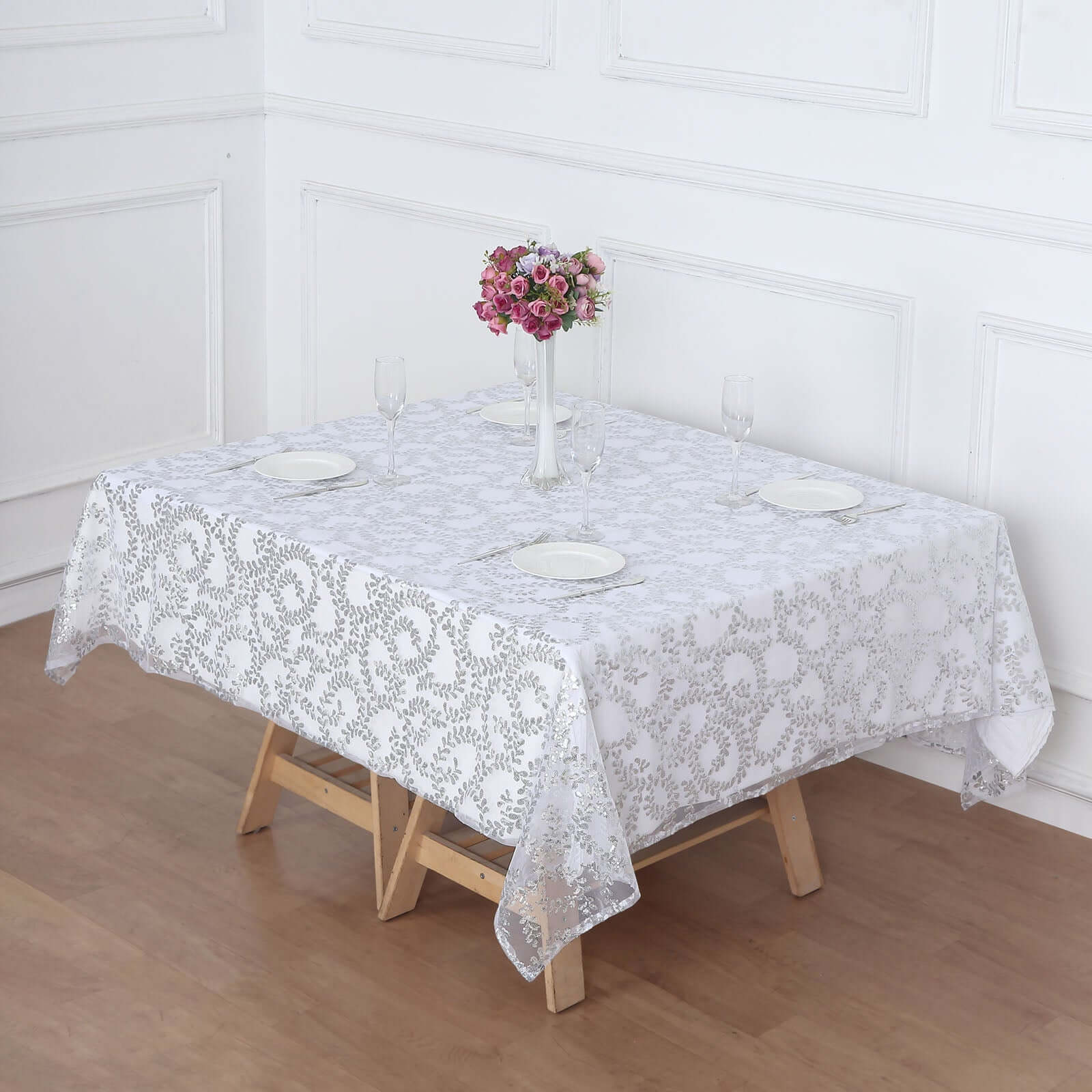 Tulle 72x72 Table Overlay Square Tablecloth Silver - Sequin Leaf Embroidered Table Topper