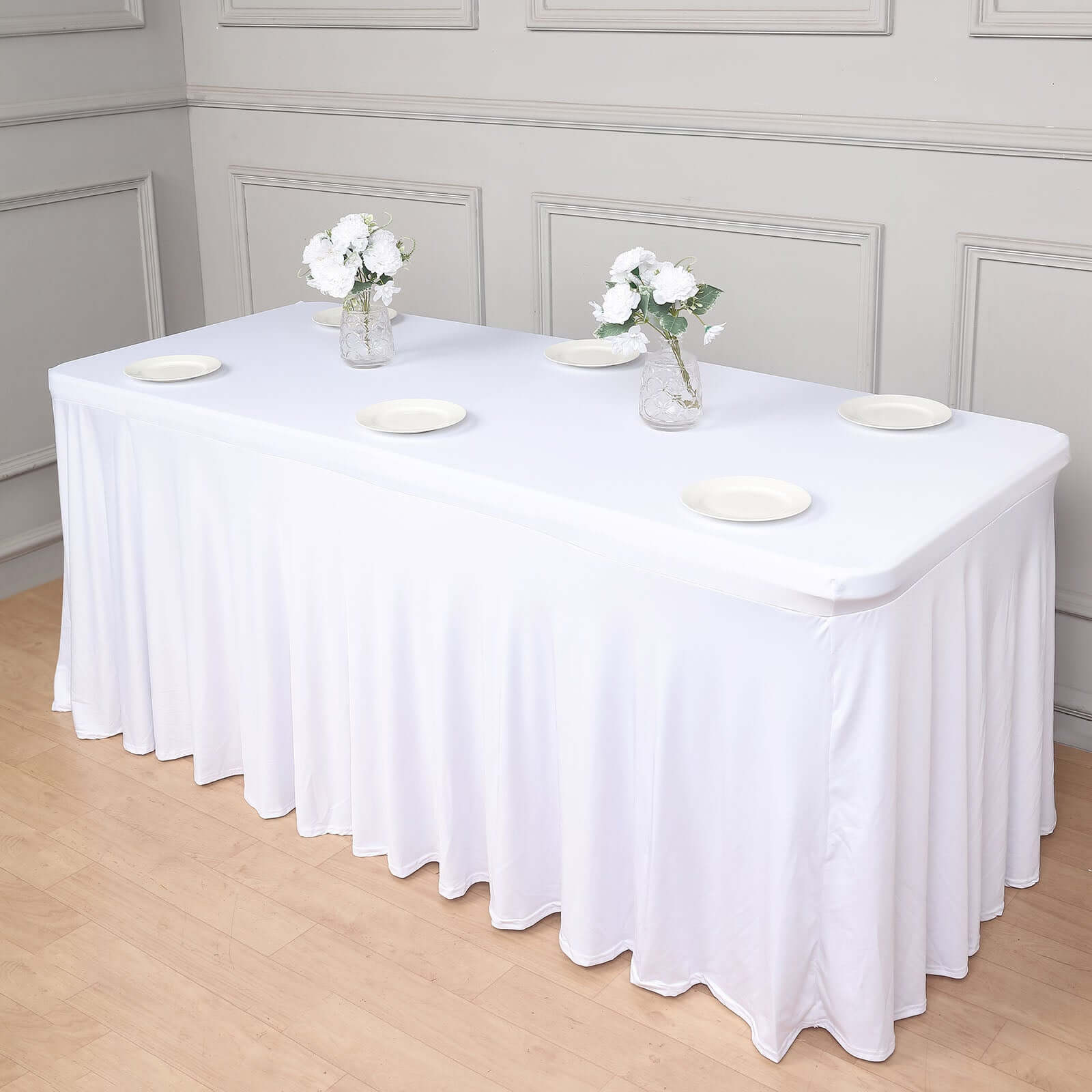 Spandex Rectangle 72x30 Table Skirt White with Wavy Skirt-Like Effect Stylish Table Cover for Weddings, Banquets & Trade Shows