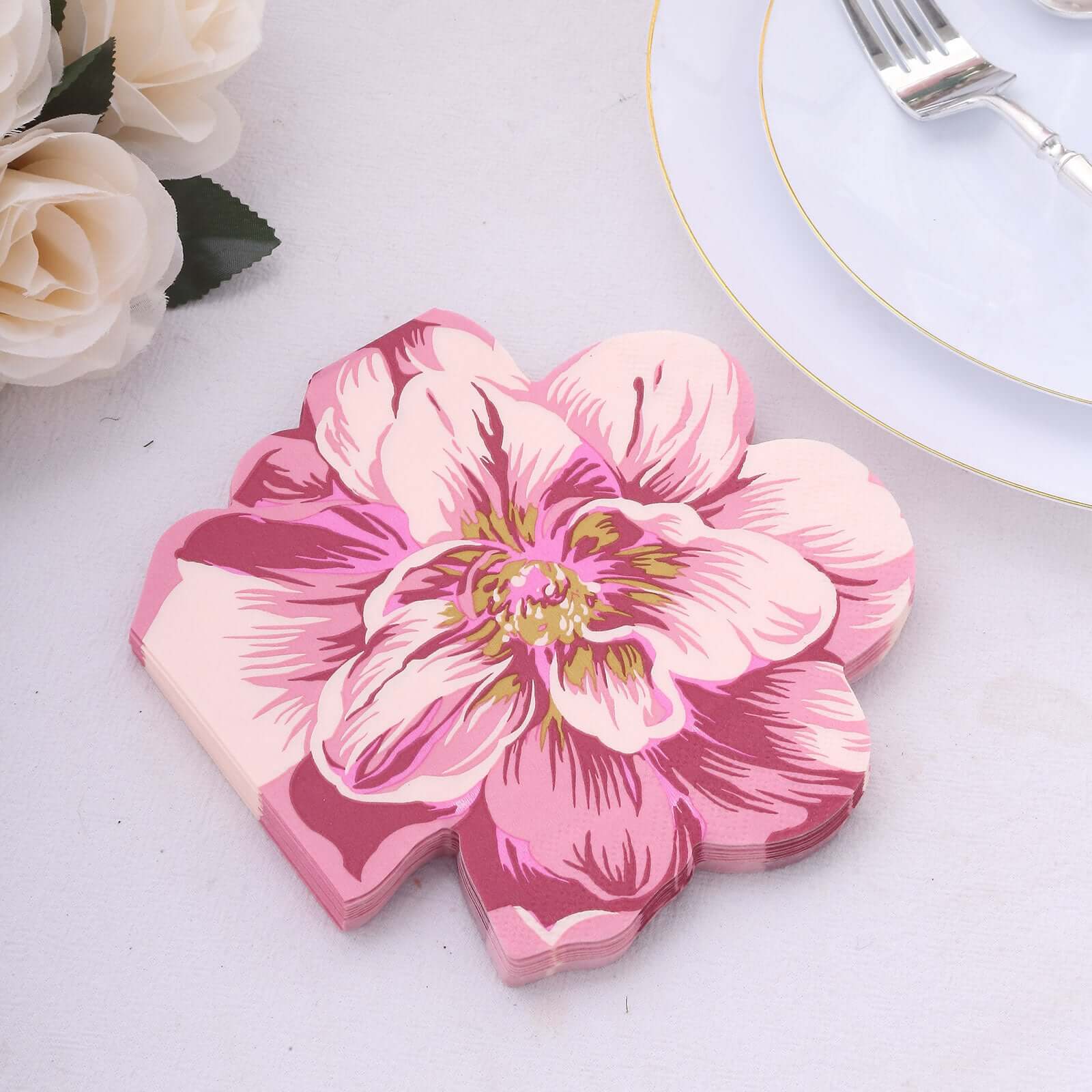 20-Pack Paper Cocktail Napkins with Pink Peony Flower Shape - Soft 2 Ply Disposable Napkins for Parties