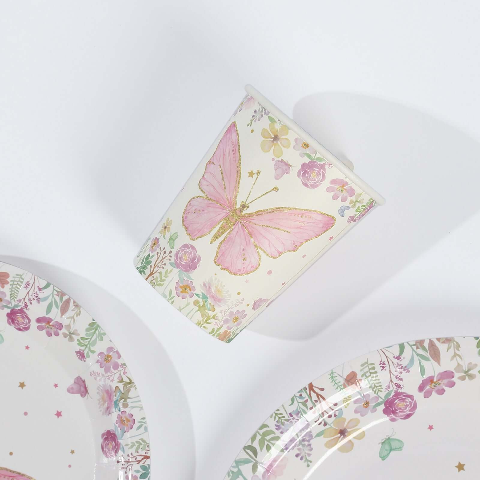 96 Pcs Paper Dinnerware Set with Butterfly Print White/Pink - Disposable Tableware Set with Plates, Cups, and Napkins