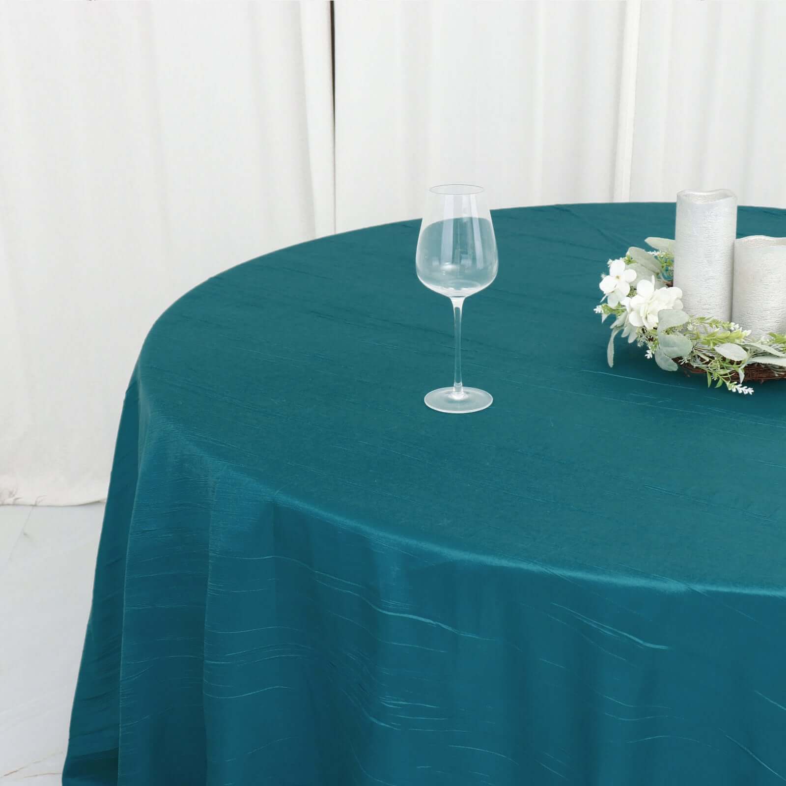 Taffeta 120 Round Tablecloth Peacock Teal - Seamless Accordion Crinkle Table Cover