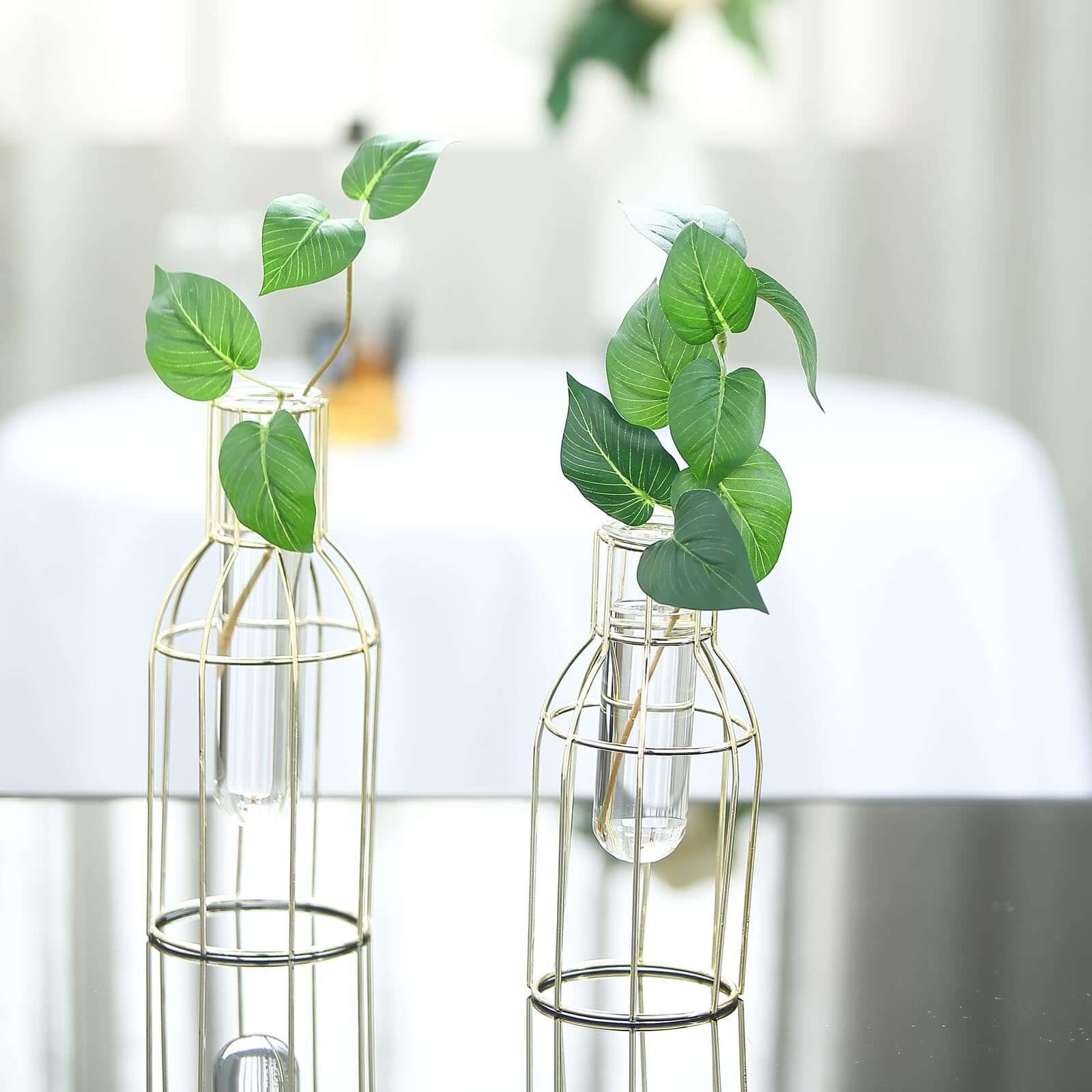 Set of 2 Wedding Centerpieces Gold Metal Frame Bottle Shaped Design - Geometric Glass Bud Vases 8,10