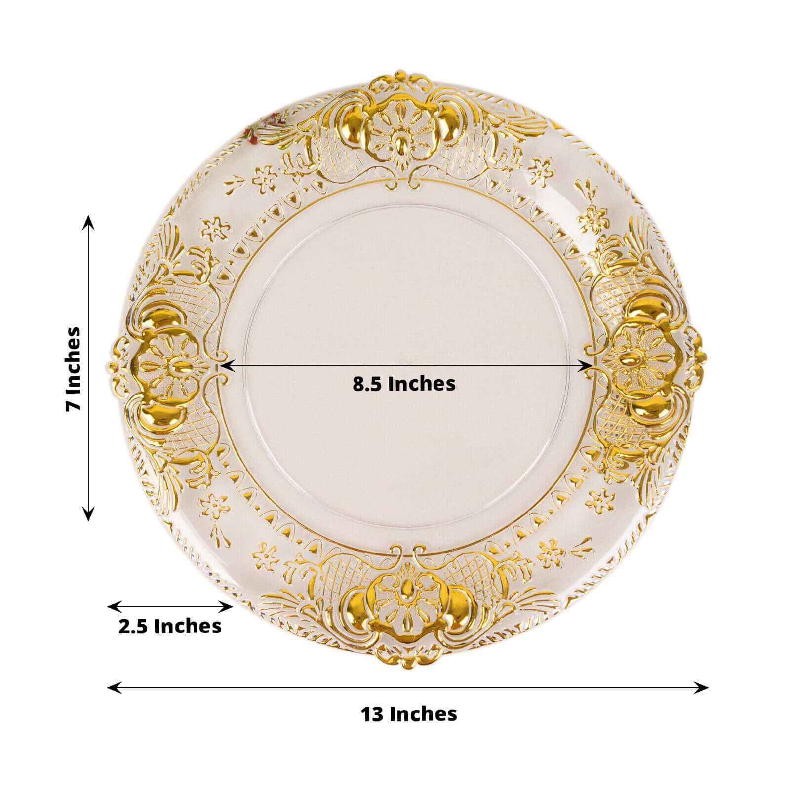 6-Pack Plastic Round Charger Plates 13 in Clear with Gold Florentine Embossed Rim, Exquisite Dinner Serving Plates