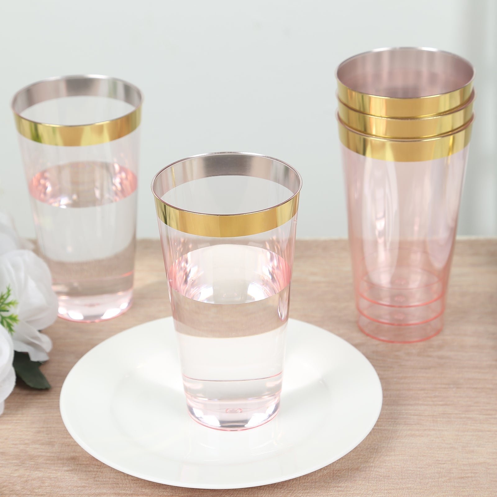 12-Pack Plastic Party Cups Transparent Blush with Gold Rim - Durable Disposable Tumblers for Drinks 17oz 5.5