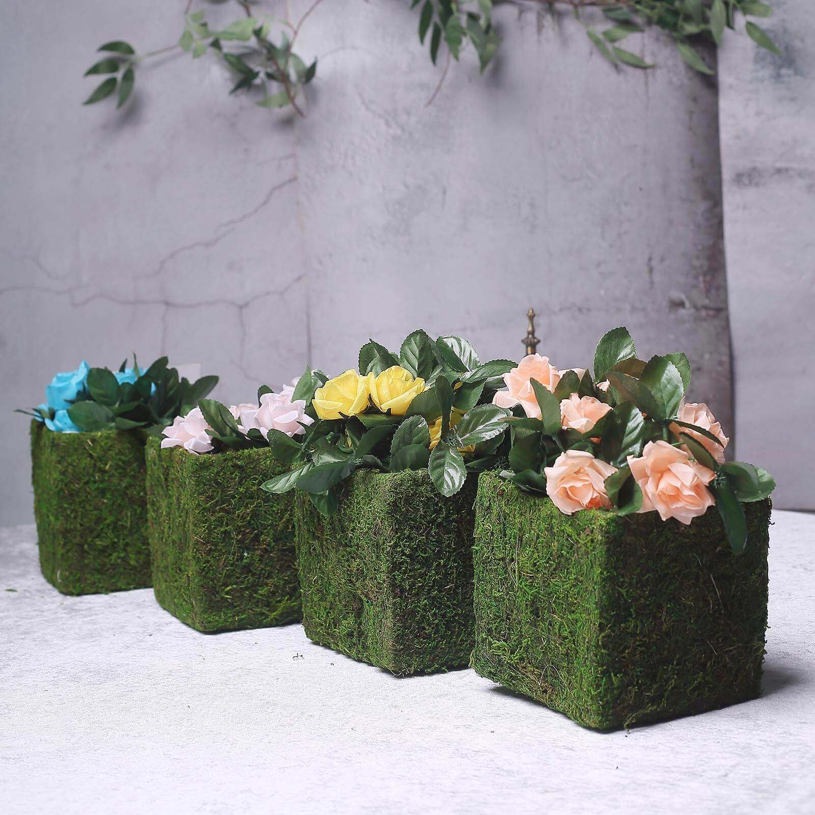 4-Pack Square Planter Boxes Covered with Inner Lining Green Preserved Moss - Flower Basket Centerpieces 6