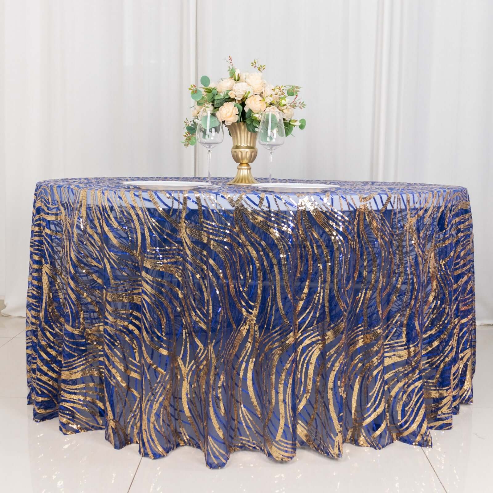 Sequin Mesh 120 Round Tablecloth Royal Blue/Gold - Seamless Wave Embroidered Table Cover