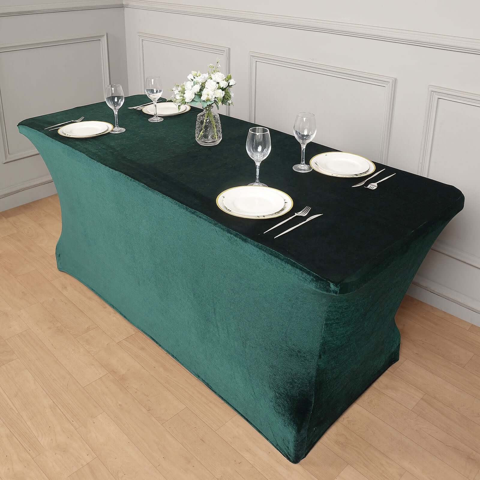 Velvet Spandex 6ft Rectangle Tablecloth Hunter Emerald Green - Fitted Wrinkle-Free Design for 72x30 Tables