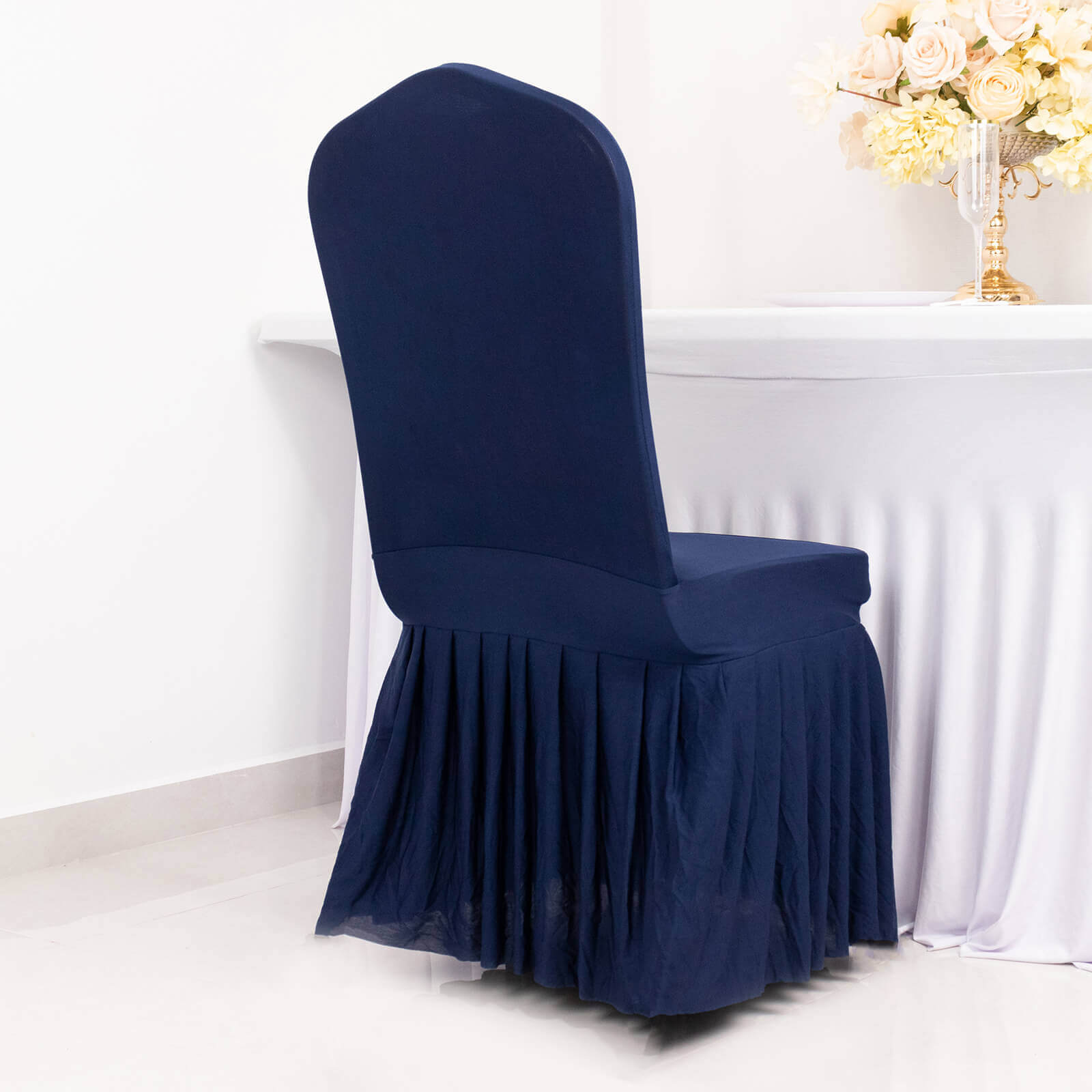 Spandex Chair Cover with Ruffle Pleated Skirt for Banquet Chairs Navy Blue - 1-Piece Stretch Fitted Slipcover