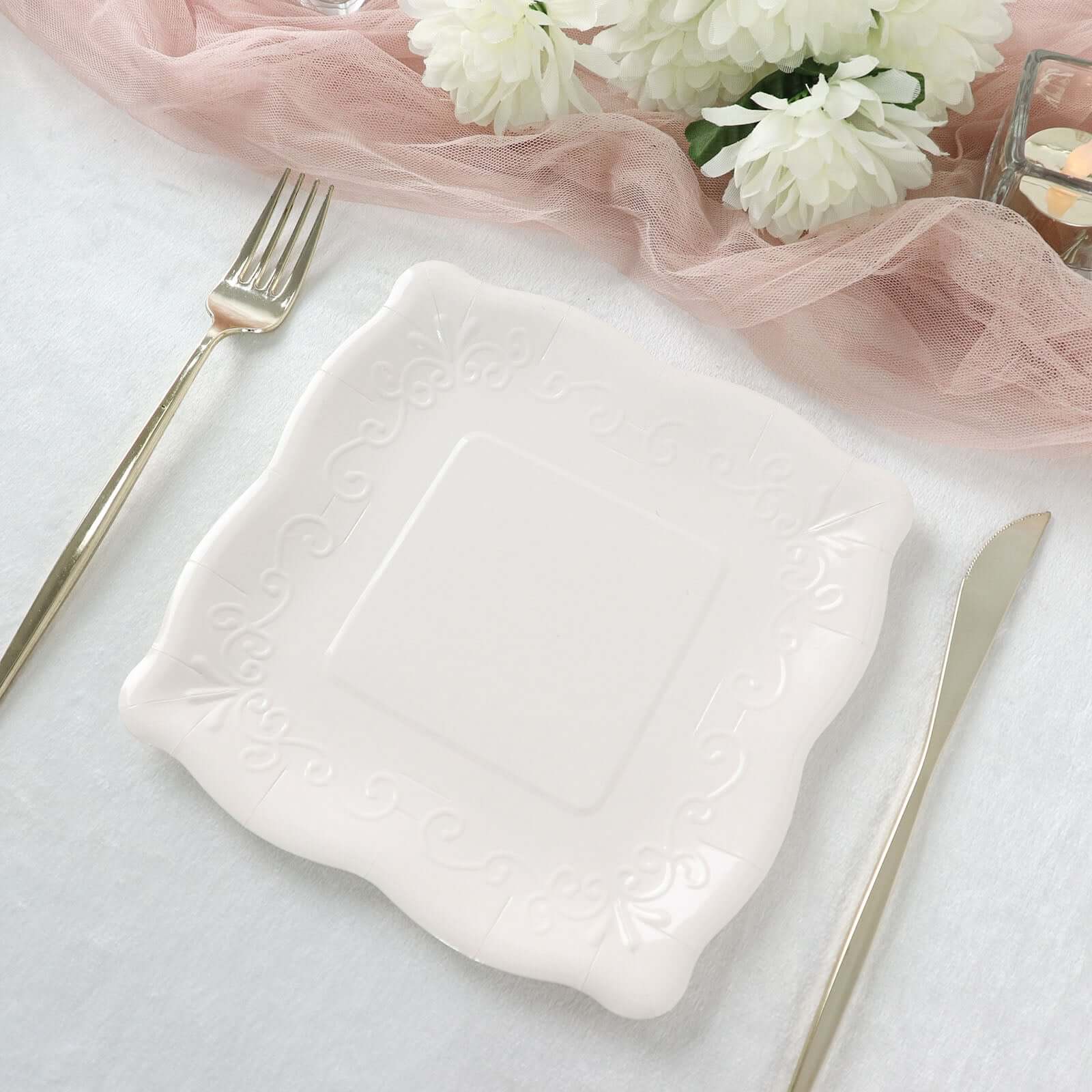 25-Pack Paper 7 Square Dessert Plates in White with Vintage Pottery Embossed Design - Shiny Disposable Appetizer Plates