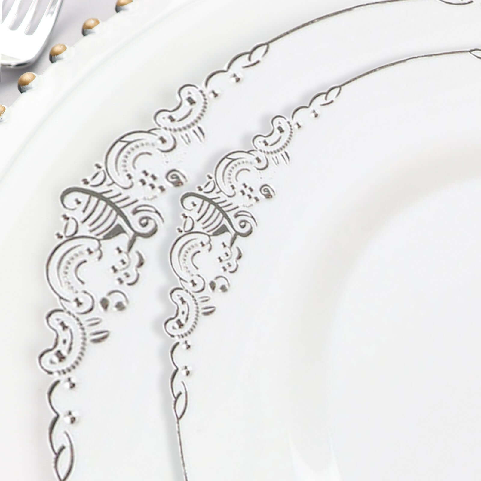 10-Pack Plastic 8 Round Dessert Plates in White with Silver Leaf Embossed Rim - Disposable Vintage Baroque Style Salad Plates