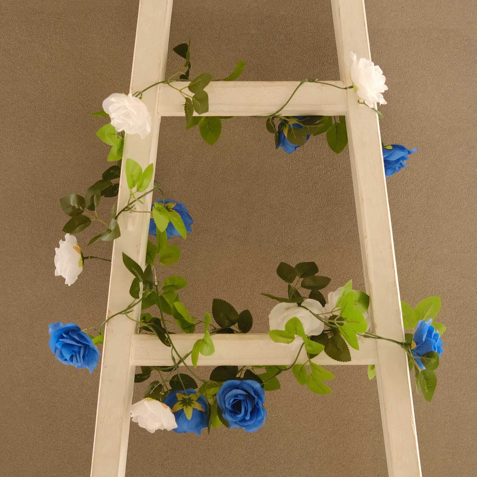 2 Pack 7ft White Royal Blue Artificial Silk Flower Garland Mini Rose Vines with 26 Flower Heads