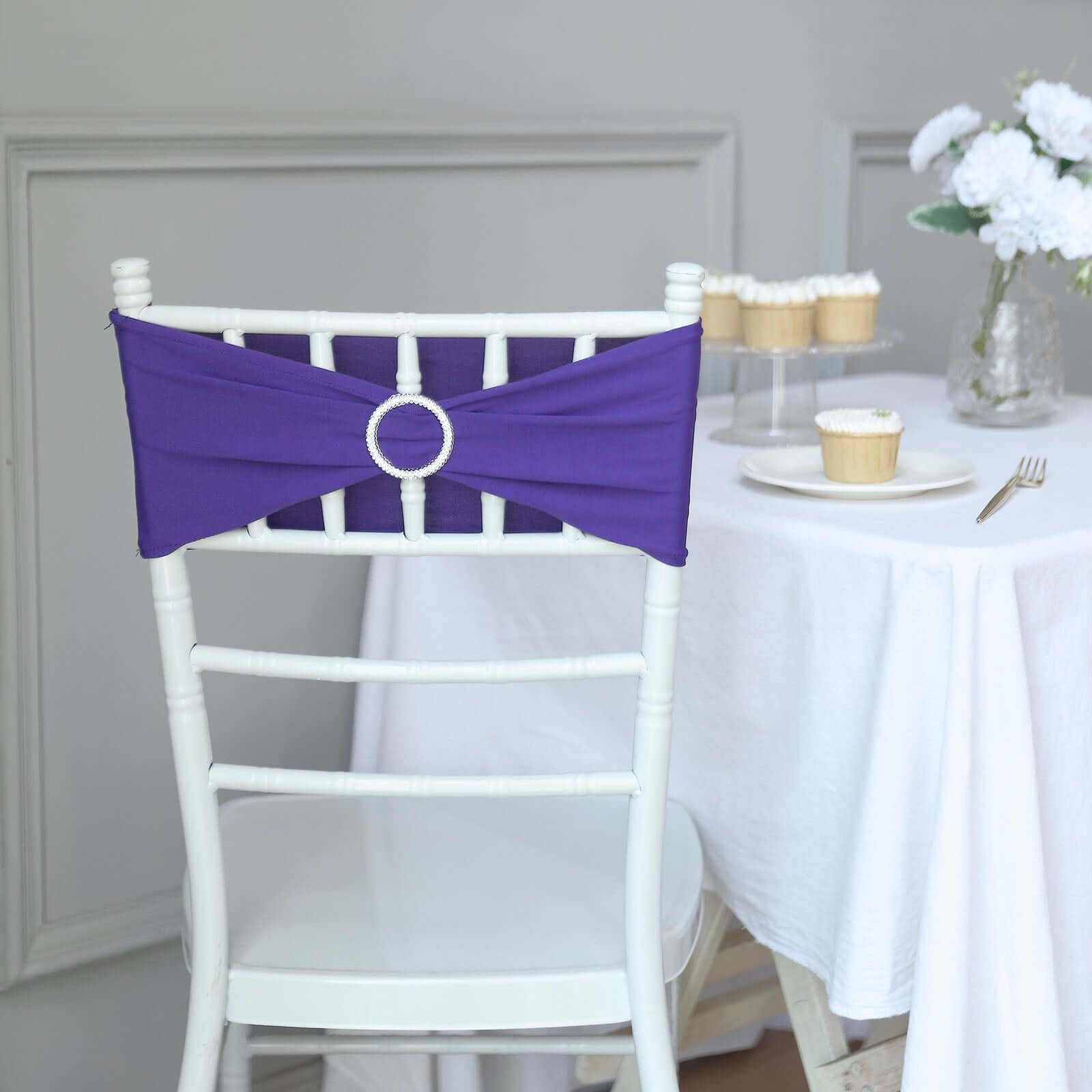 5 Pack Stretch Spandex Chair Sashes Purple - Reusable Chair Bands with Silver Diamond Ring Slide Buckle 5x14