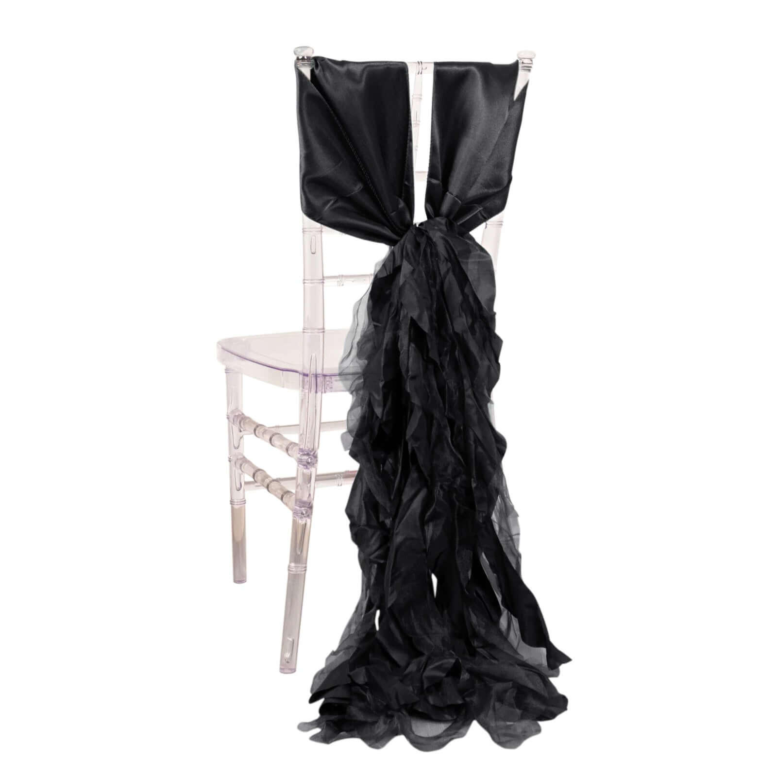 5 Pack Chiffon Satin Chair Sashes Black - Easy to Install Lustrous Ruffled Curly Willow Wedding Chair Decorations