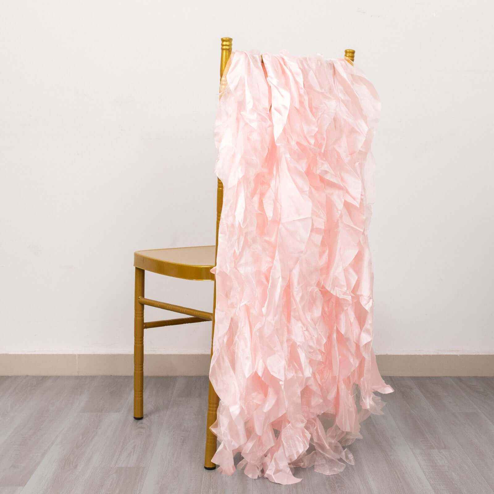 5 Pack Chiffon Satin Chair Sashes Blush - Easy to Install Ruffled Curly Willow