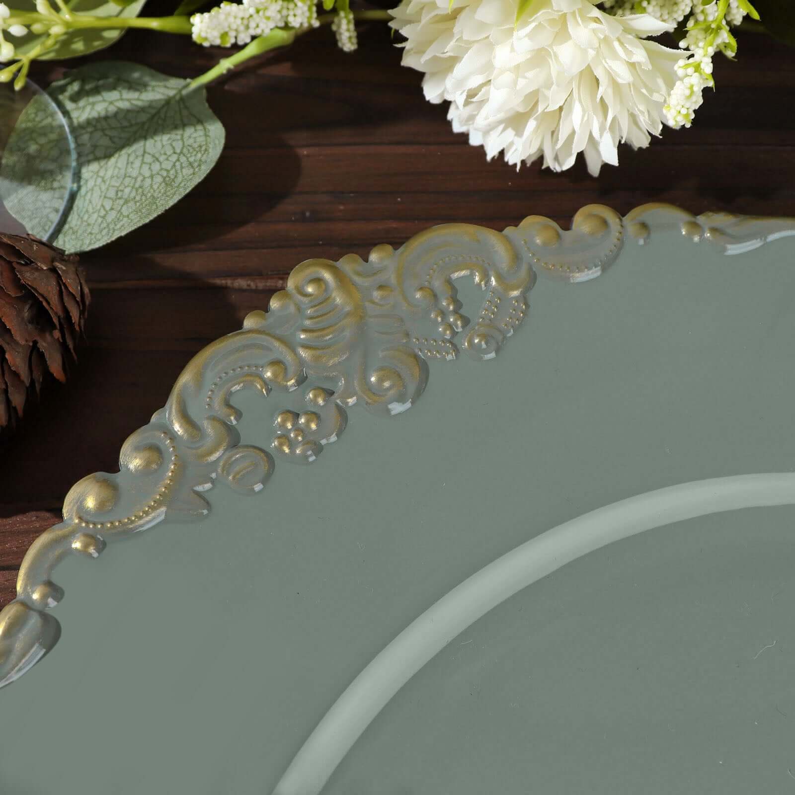 6-Pack Acrylic Round Charger Plates 13 in Olive Green with Gold Embossed Baroque Rim, Antique Decorative Dinner Party Charger Tableware