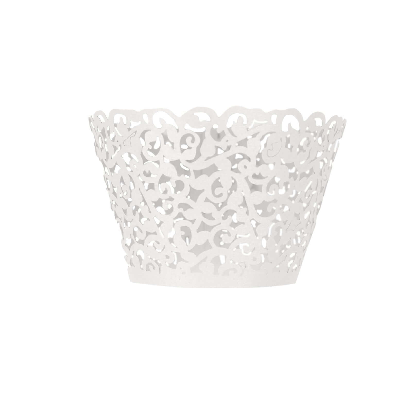 25-Pack Paper Cupcake Wrappers Lace Laser Cut Design White - Muffin Baking Cup Trays for Events