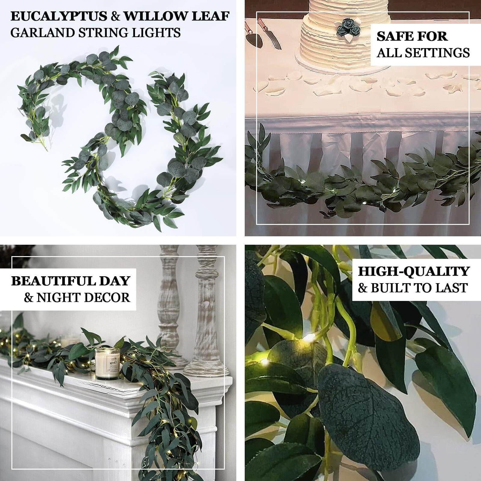 20 LED Garland Fairy String Lights Eucalyptus Leaf Design Willow Green Warm White - Battery Operated Hanging Accent 6ft