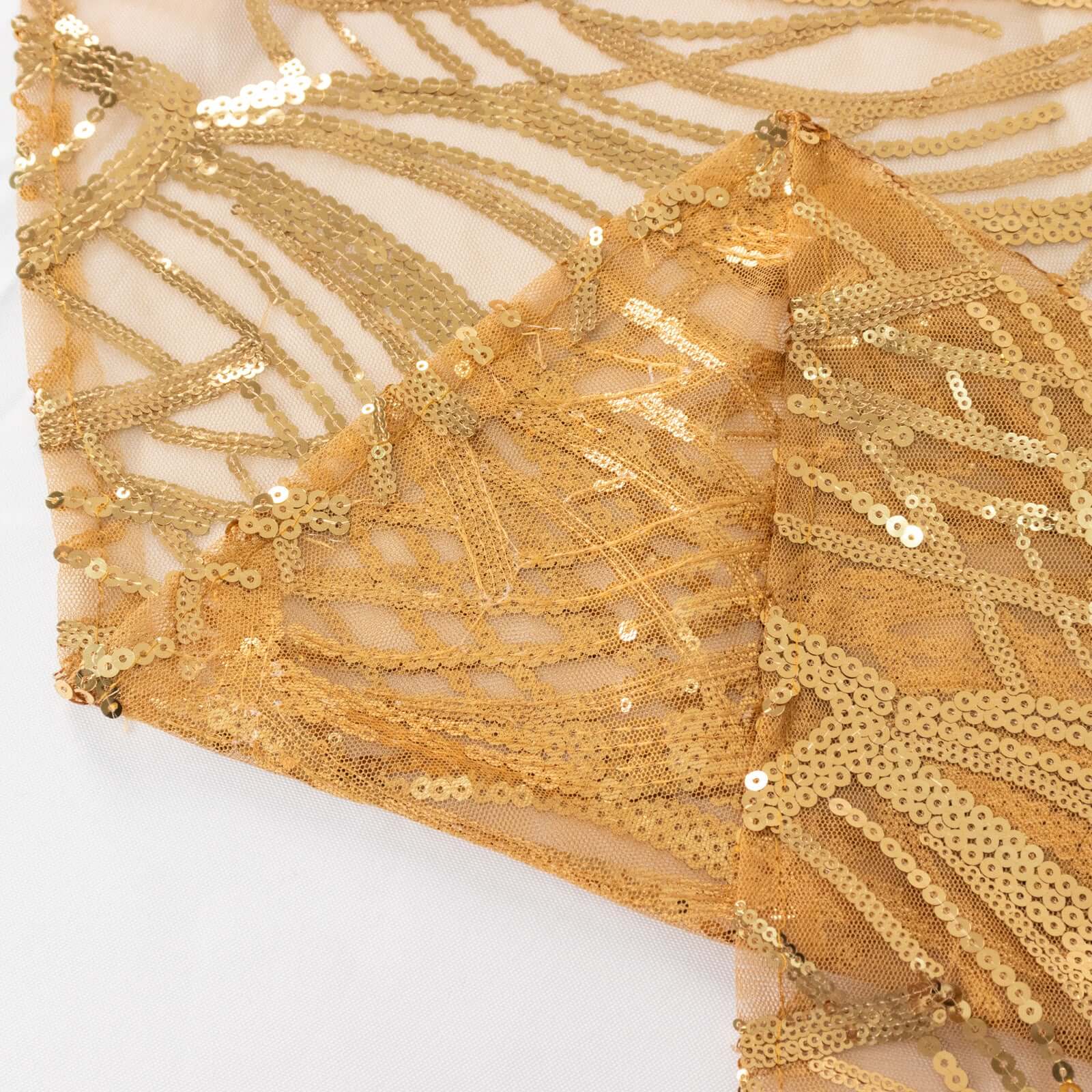 Mesh 72x72 Table Overlay Square Tablecloth Gold Wave Design with Embroidered Sequins for Stylish Occasions