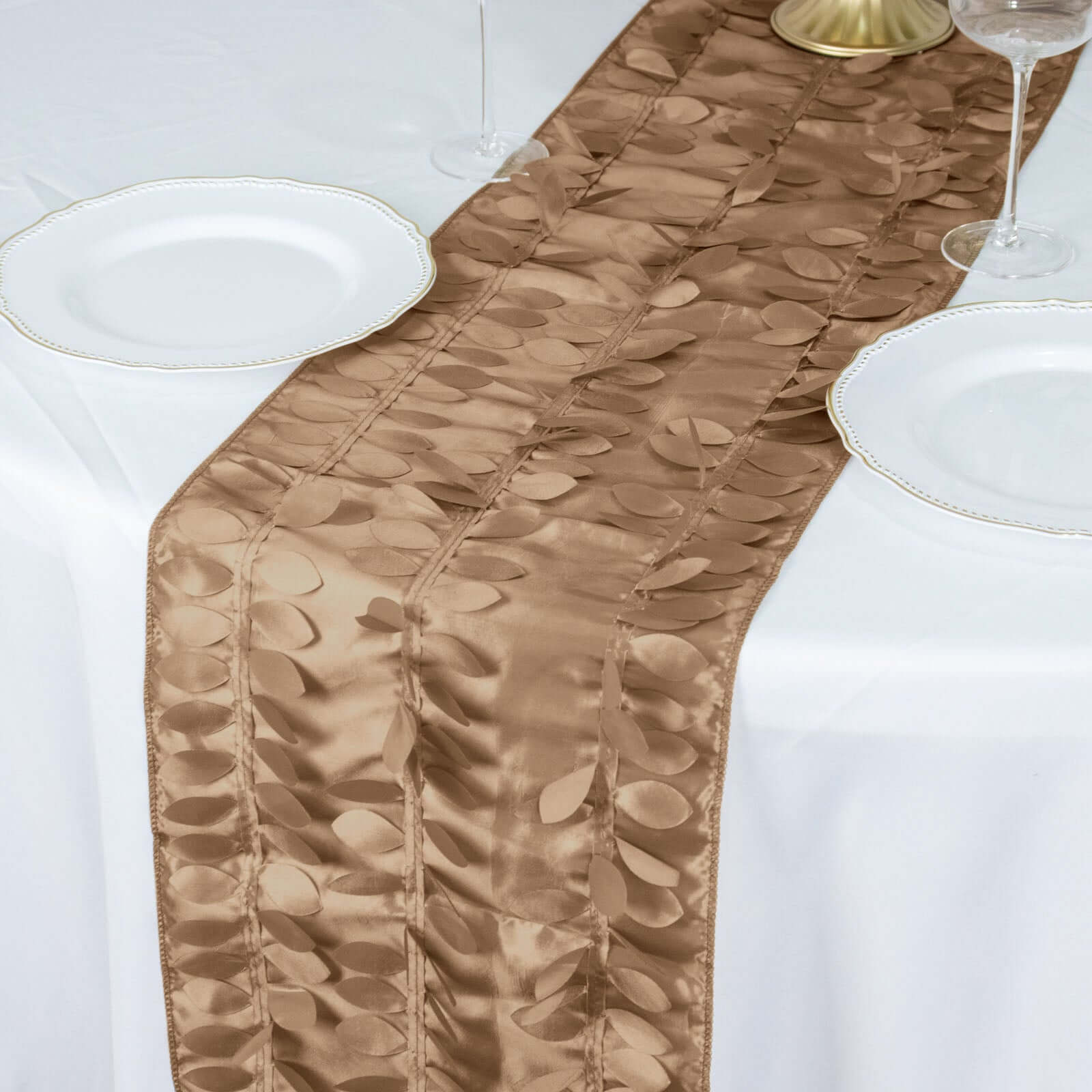 Taffeta Fabric 12x108 Table Runner Taupe - 3D Leaf Petal Design