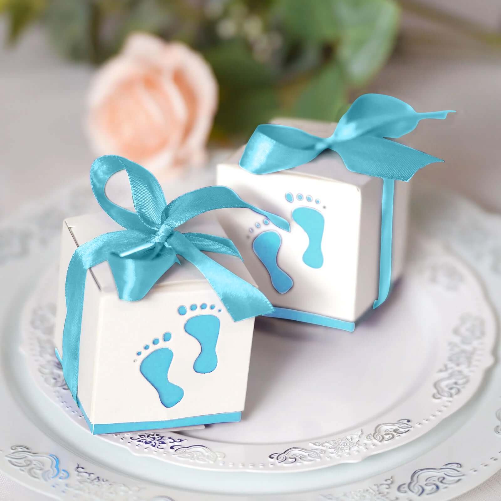 25 Pack 2 Light Blue Footprint Baby Shower Party Favor Candy Gift Boxes