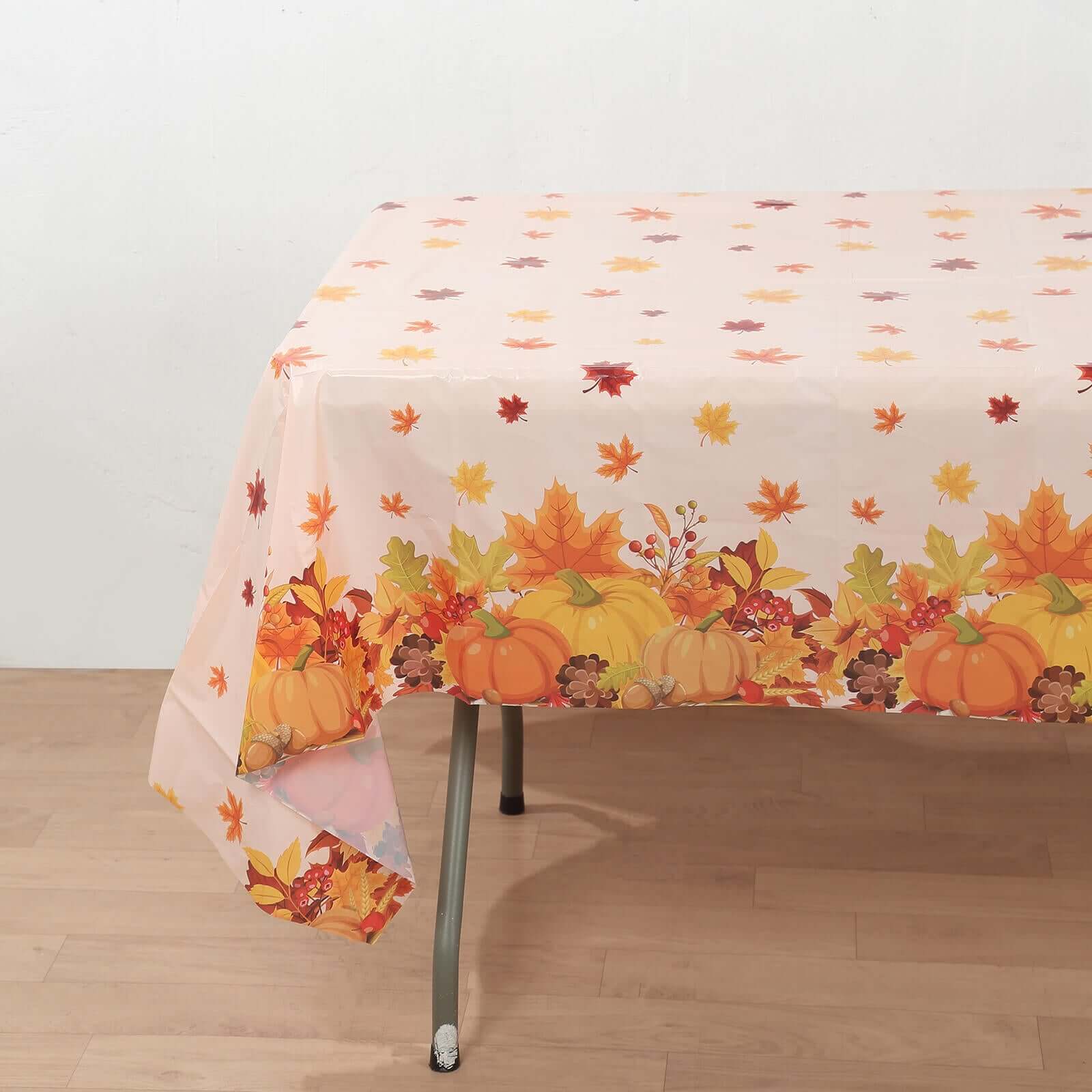 5-Pack Plastic Tablecloths Orange Thanksgiving Rectangle with Fall Leaves Pumpkin Print - Festive PVC Disposable Table Covers 54x108