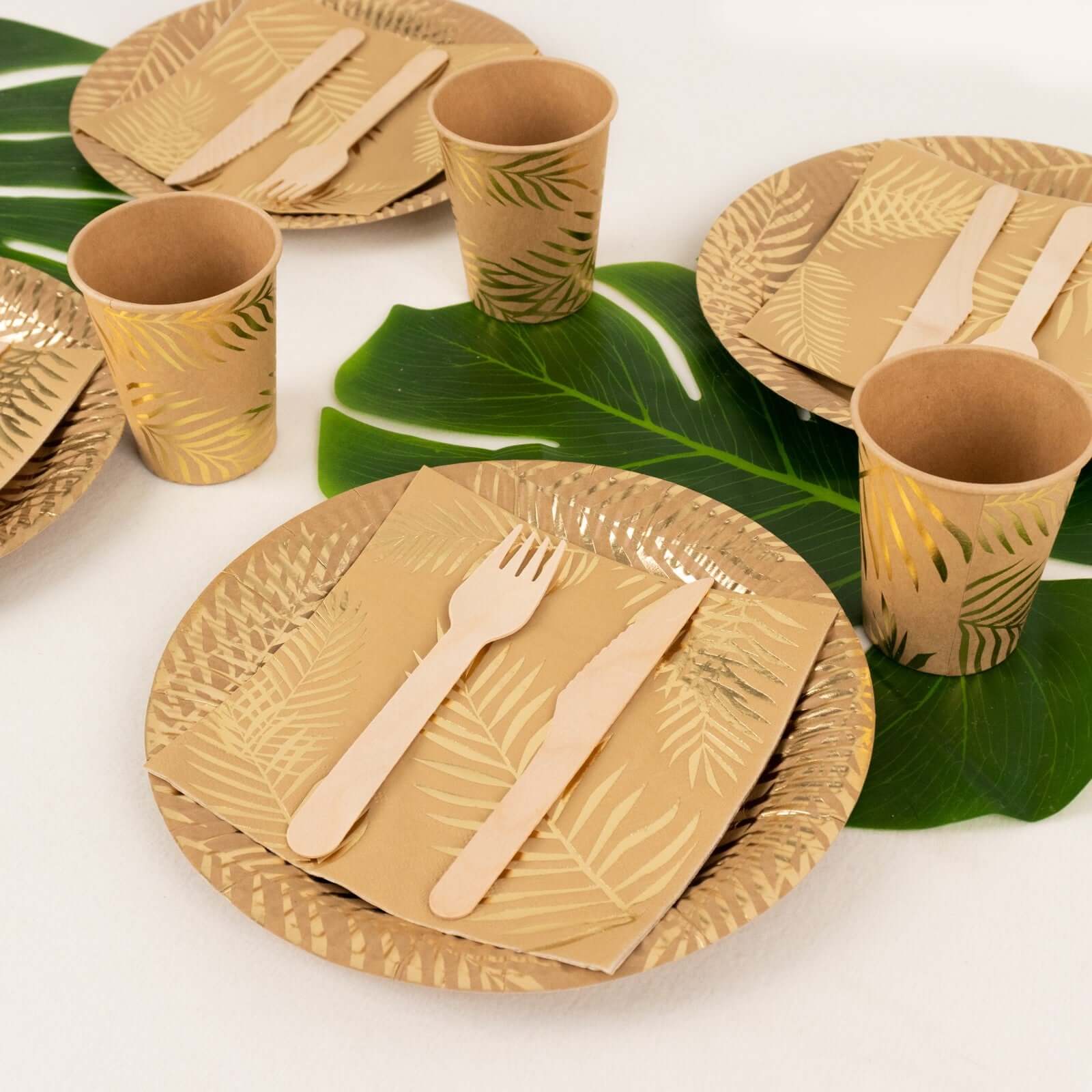 72 Pcs Paper Dinnerware Set with Gold Foil Palm Leaves Print Natural - Disposable Tableware Combo-Pack with Plates and Cups