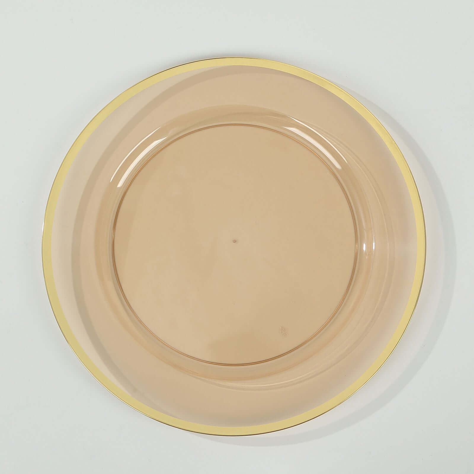 10-Pack Economy Plastic Round Charger Plates 12 in Transparent Amber Gold with Wide Gold Rim, Decorative Dinner Party Serving Plates