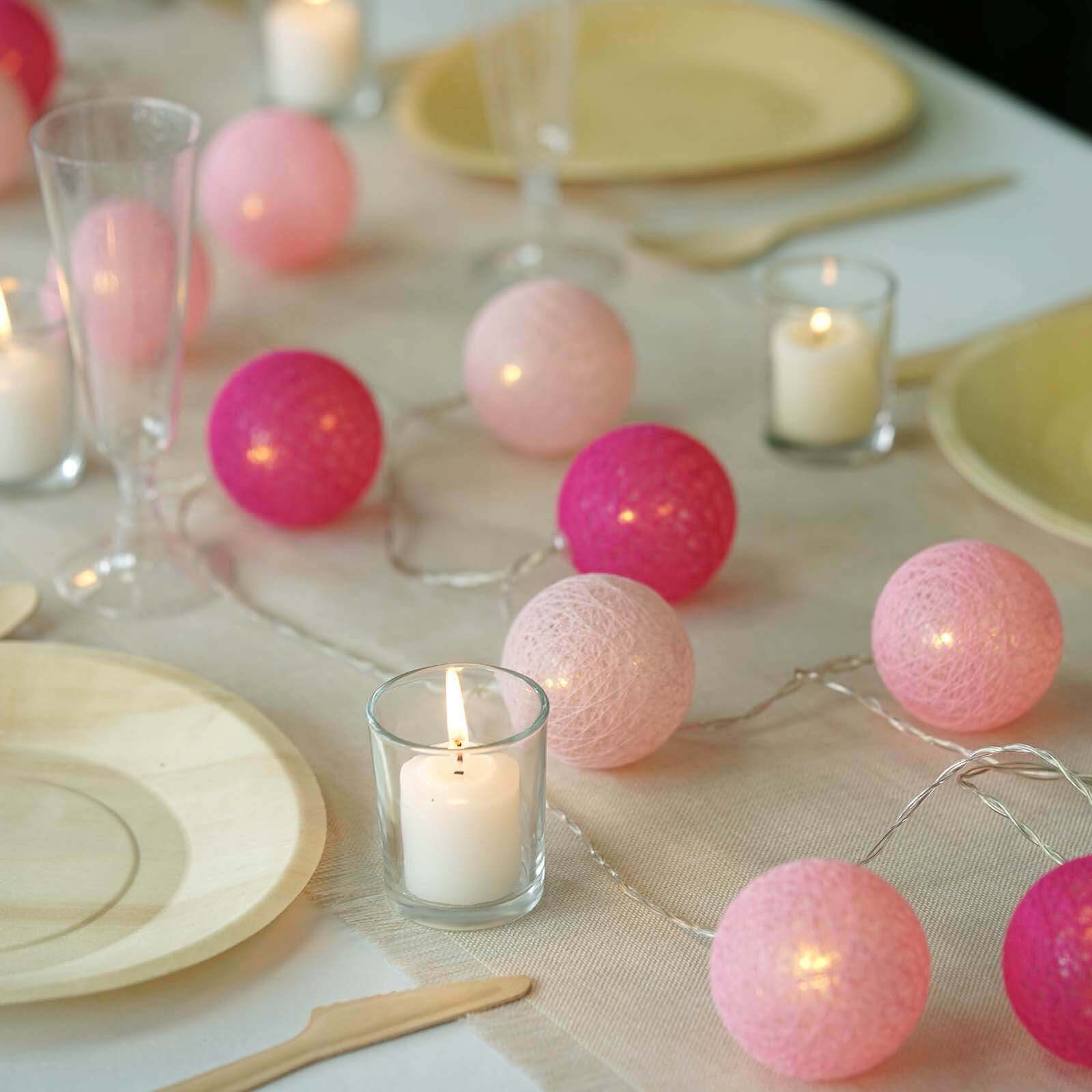 20 LED String Light Garland Pink Cotton Ball Blush, Fuchsia Warm White - Battery Operated Accent Piece 13ft