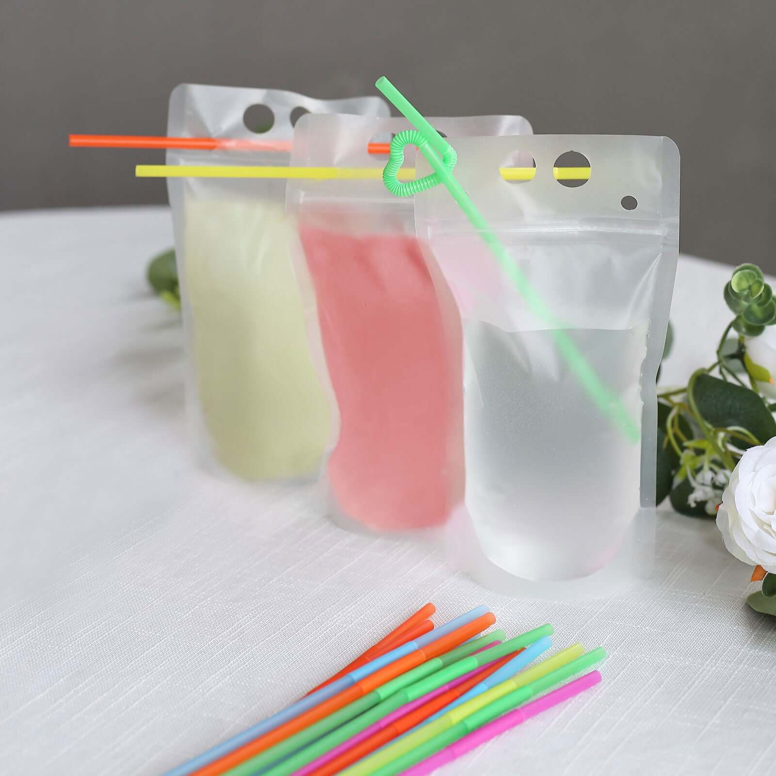 50-Pack Plastic Drink Pouches 12oz Clear - Stand Up Reclosable Hand-Held Juice Smoothie Drink Bags with Straws and Zipper for Travel & Festivals