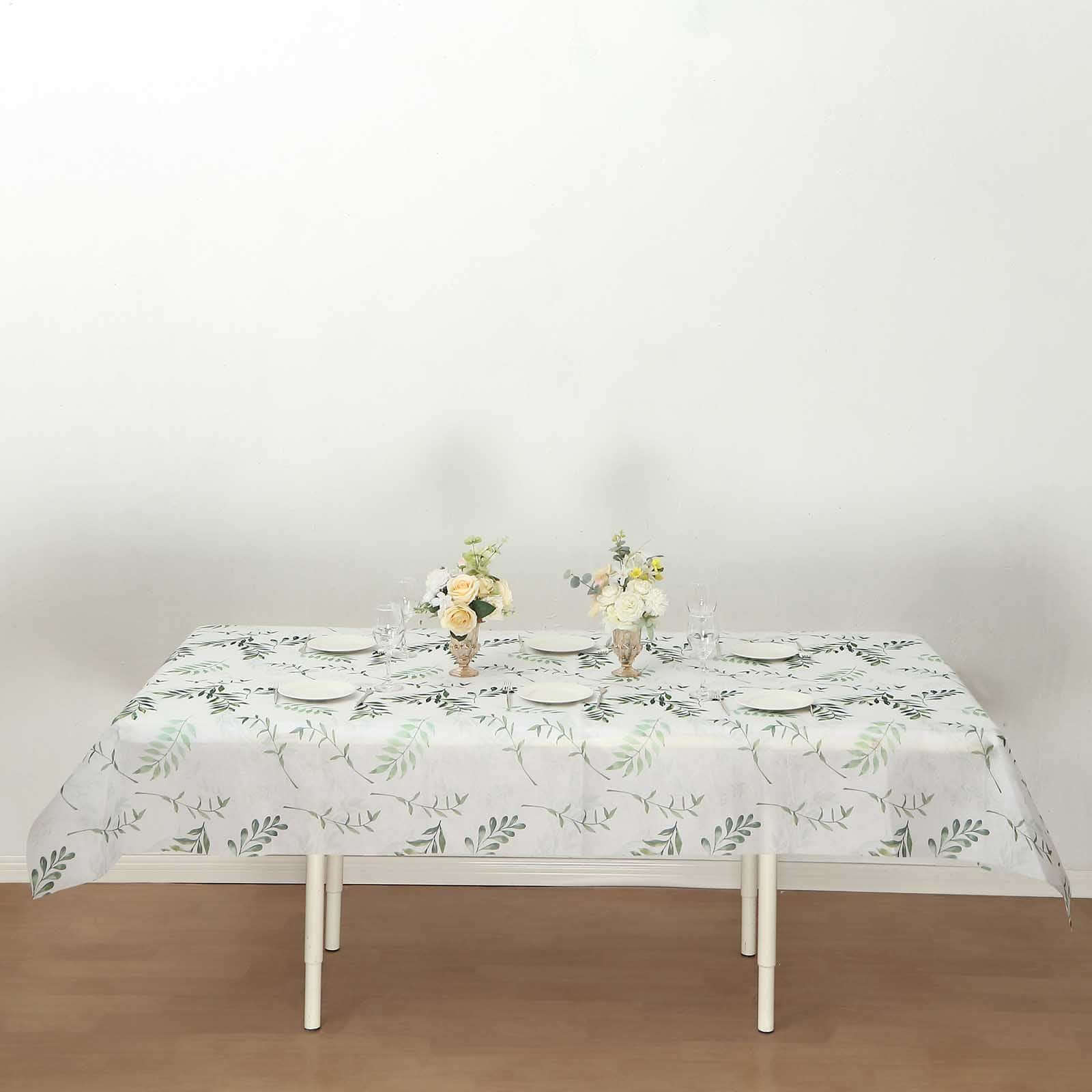 Non-Woven Tablecloth Rectangle White/Green with Olive Leaves Print - Perfect Disposable Table Cover for Summer 60x102