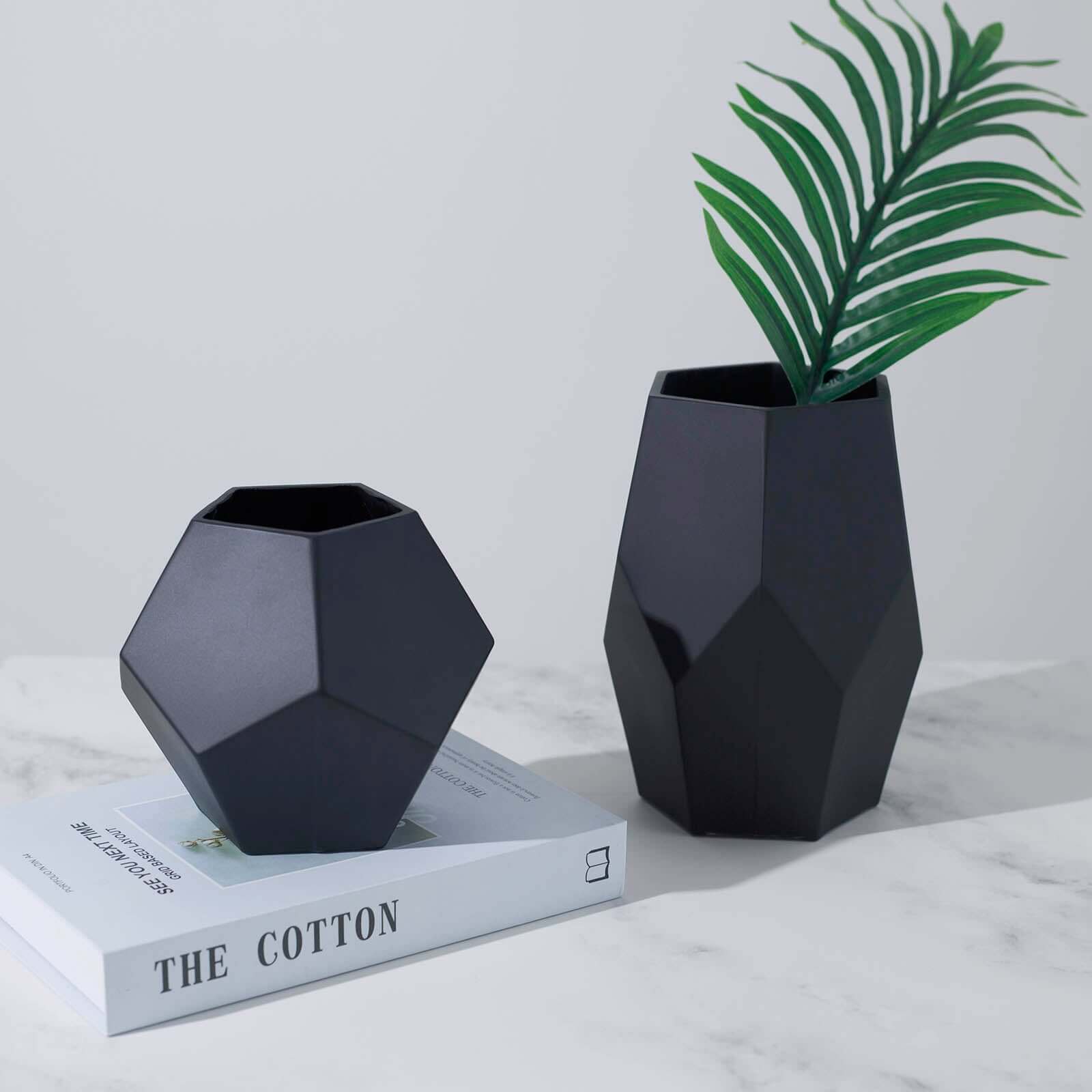 Set of 2 Glass Flower Vases Geometric Design Matte Black - Stylish Modern Candle Holder Centerpieces 5, 8