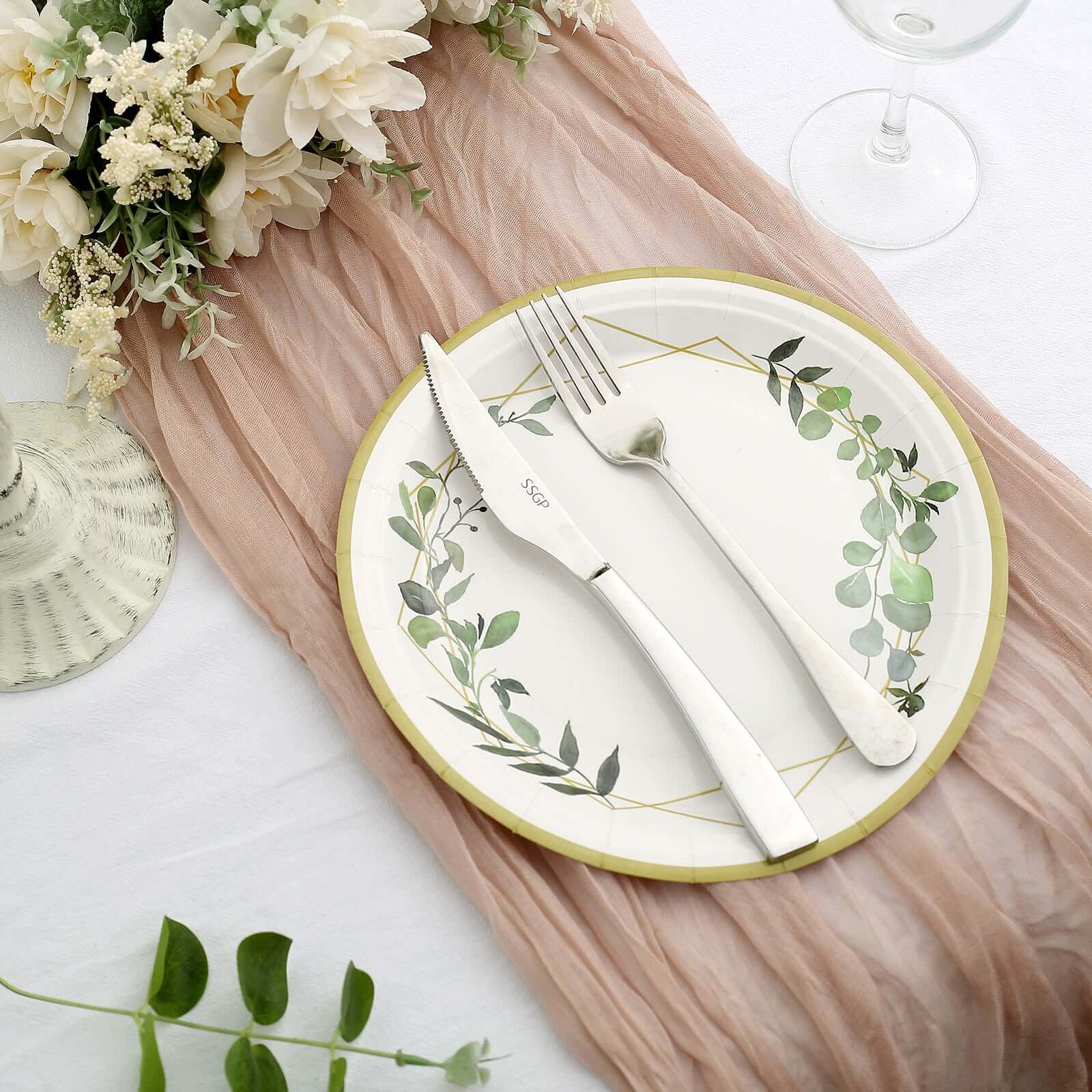 24-Pack Paper 9 Round Dinner Plates in White with Eucalyptus Leaves & Gold Rim - Disposable 300GSM Party Plates for Modern & Nature-Inspired Events