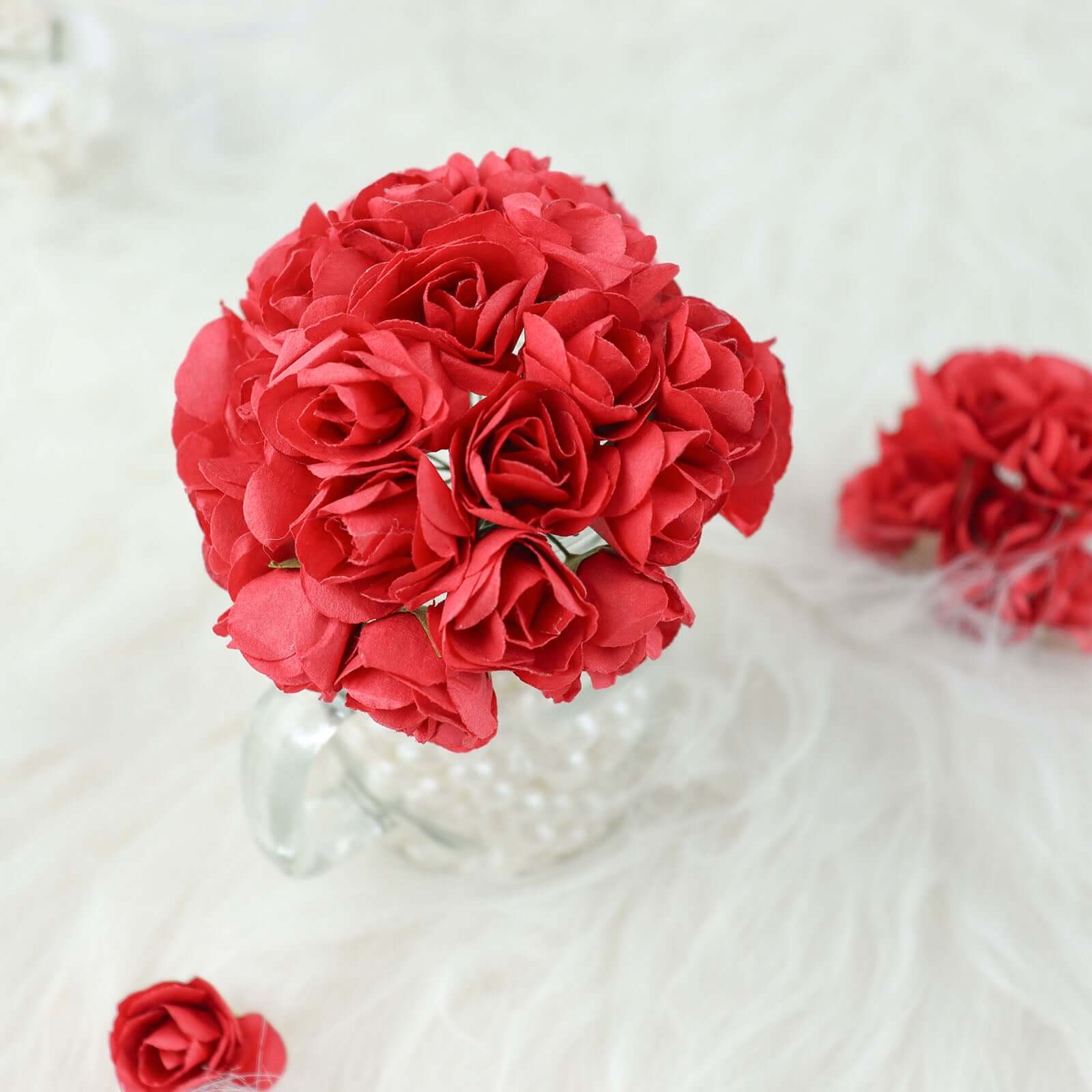 144 Pack Red Paper Mini Craft Roses, DIY Craft Flowers With Wired Stem