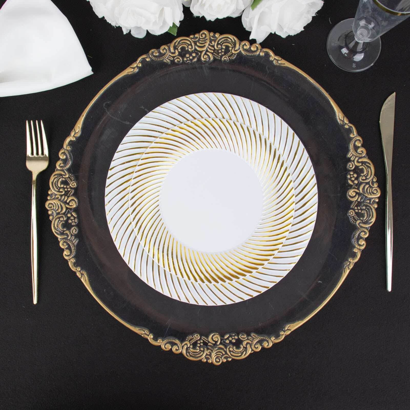 10-Pack Plastic 9 Round Dinner Plates White with Gold Swirl Rim - Disposable Party Plates