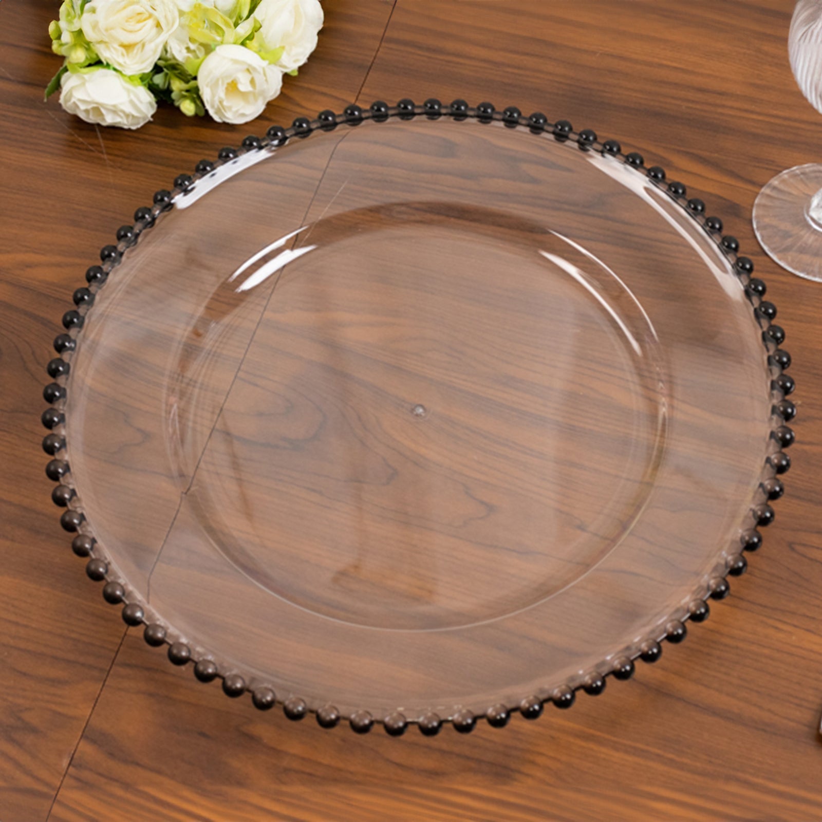 6-Pack Acrylic Round Charger Plates 13 in Clear with Black Beaded Rim, Decorative Dinner Party Charger Tableware