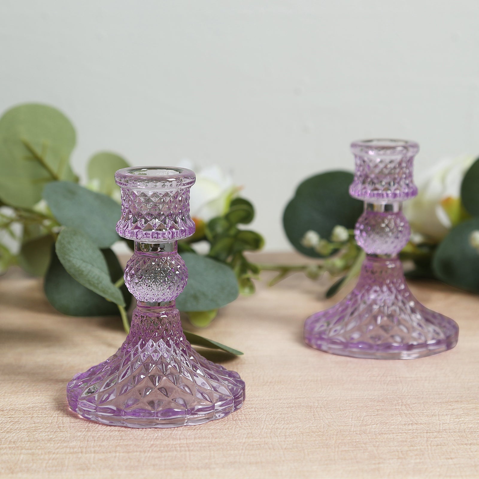 6-Pack Glass Taper Candlestick Holders Diamond Pattern Design Lavender Lilac - Reversible Crystal Pillar Votive Stands 4