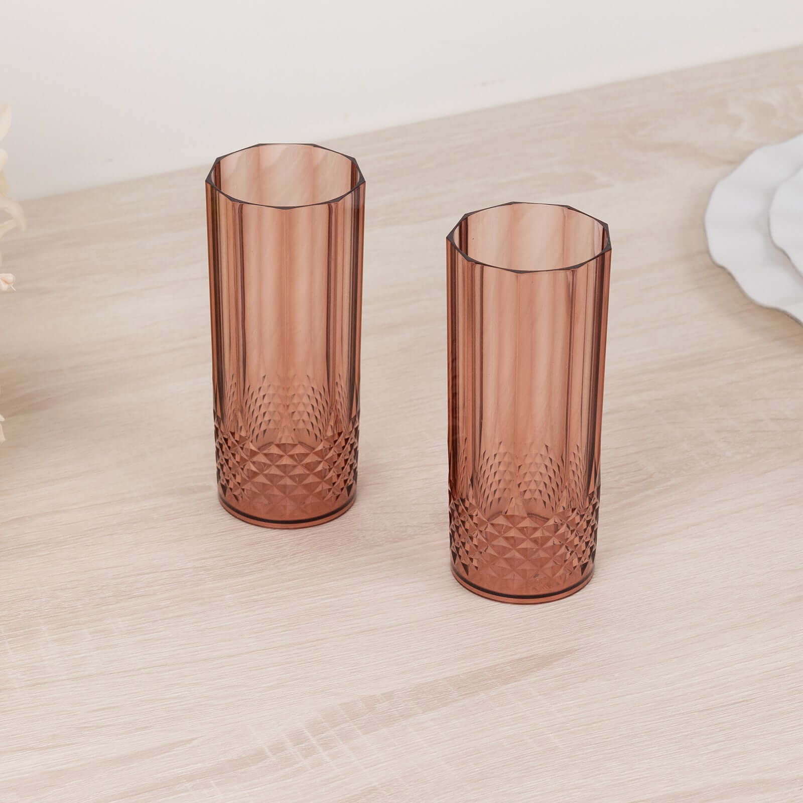 6-Pack Plastic Cocktail Tumblers Dusty Rose Transparent Crystal Cut Style - Shatterproof Highball Glasses 14oz