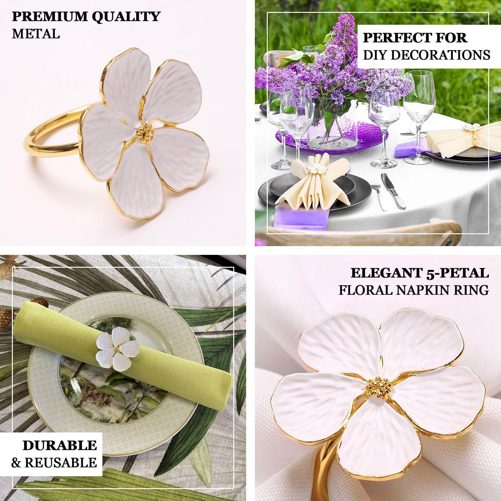 4 Pack White and Gold Metal Flower Napkin Rings, Floral Serviette Buckle Napkin Holder Set - Plum Blossom Design