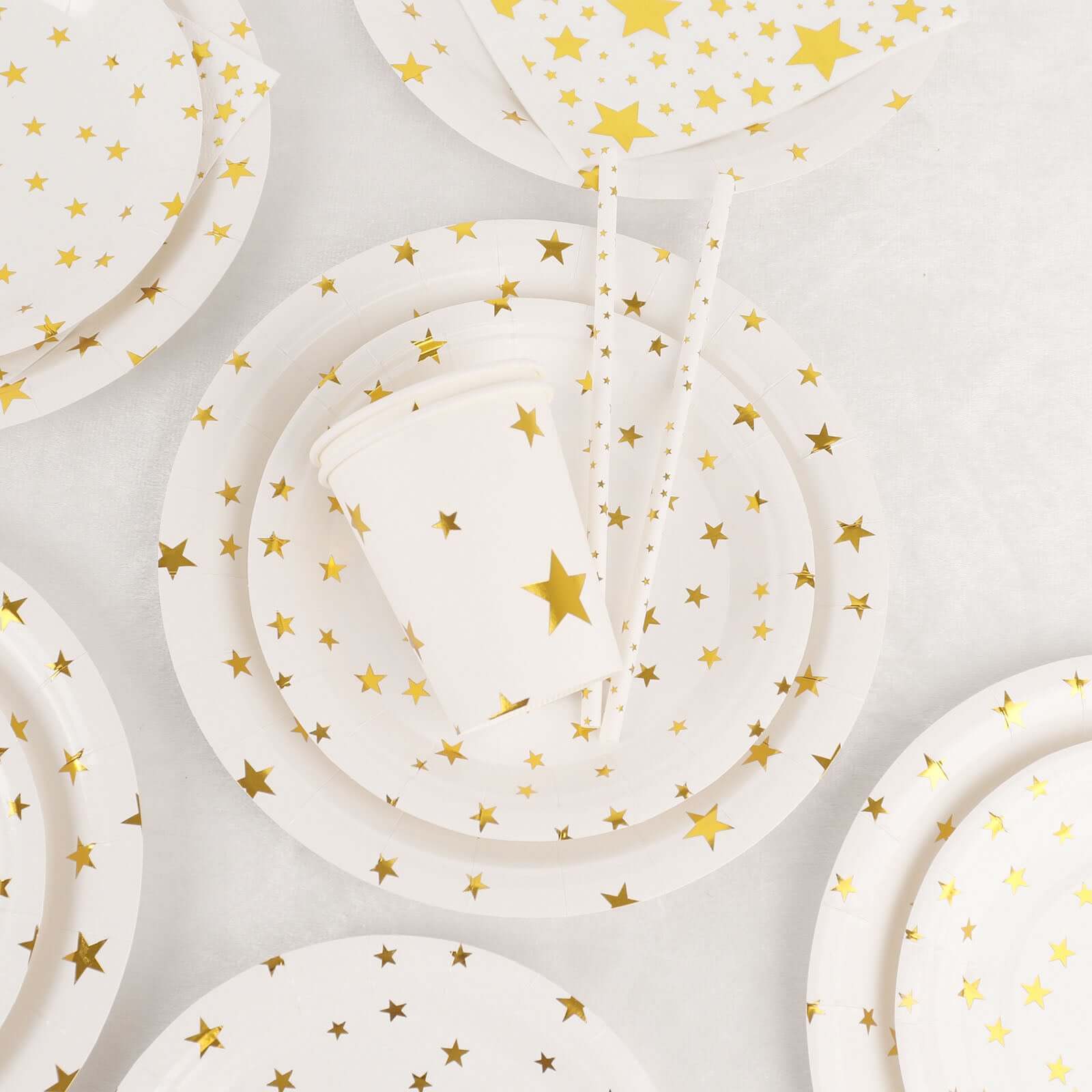 120 Pcs Paper Dinnerware Set White with Gold Stars Design - Disposable Tableware Combo-Pack with Plates, Cups, and Napkins